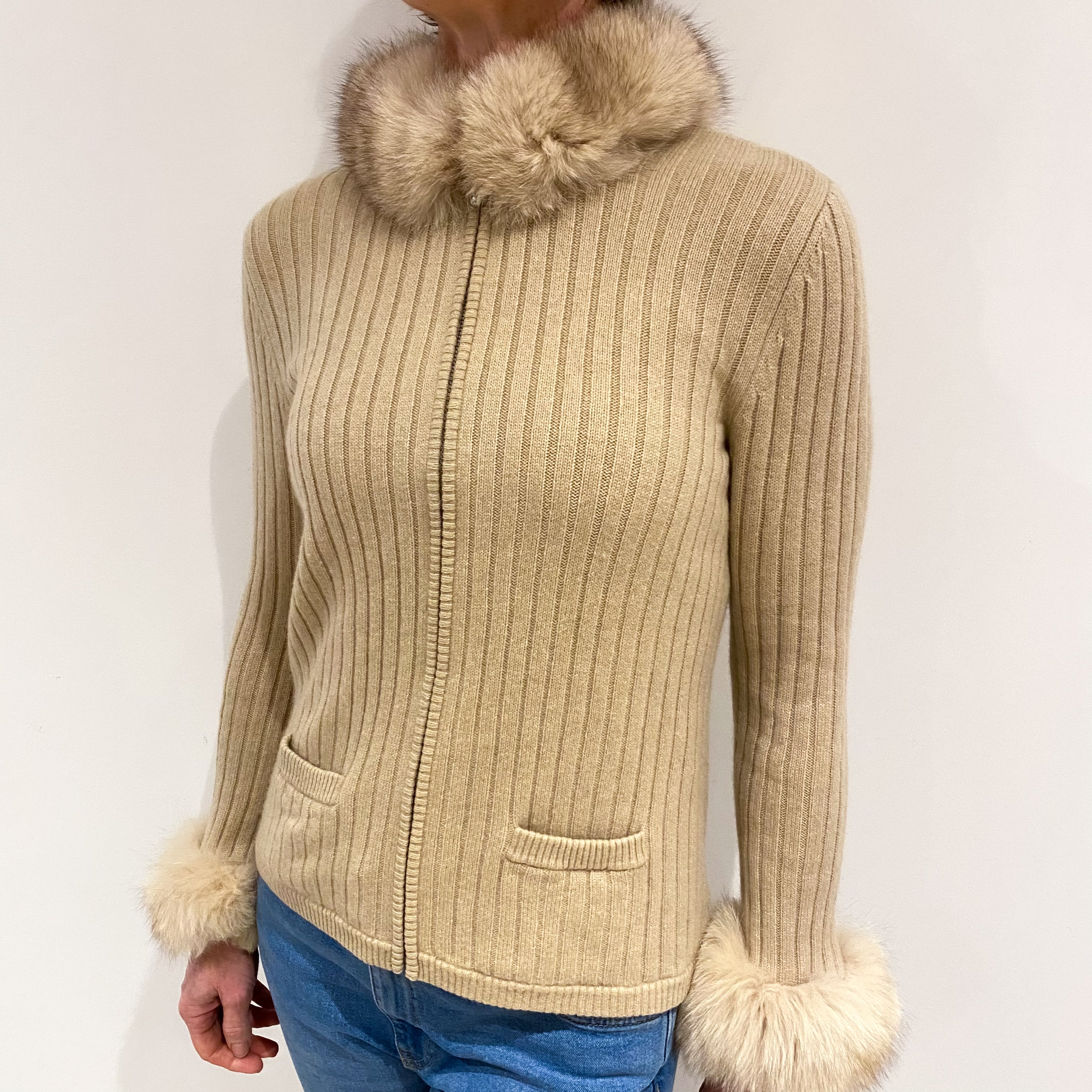 Sand Beige Fur Trim Cashmere Zip Up Cardigan with Pockets Small