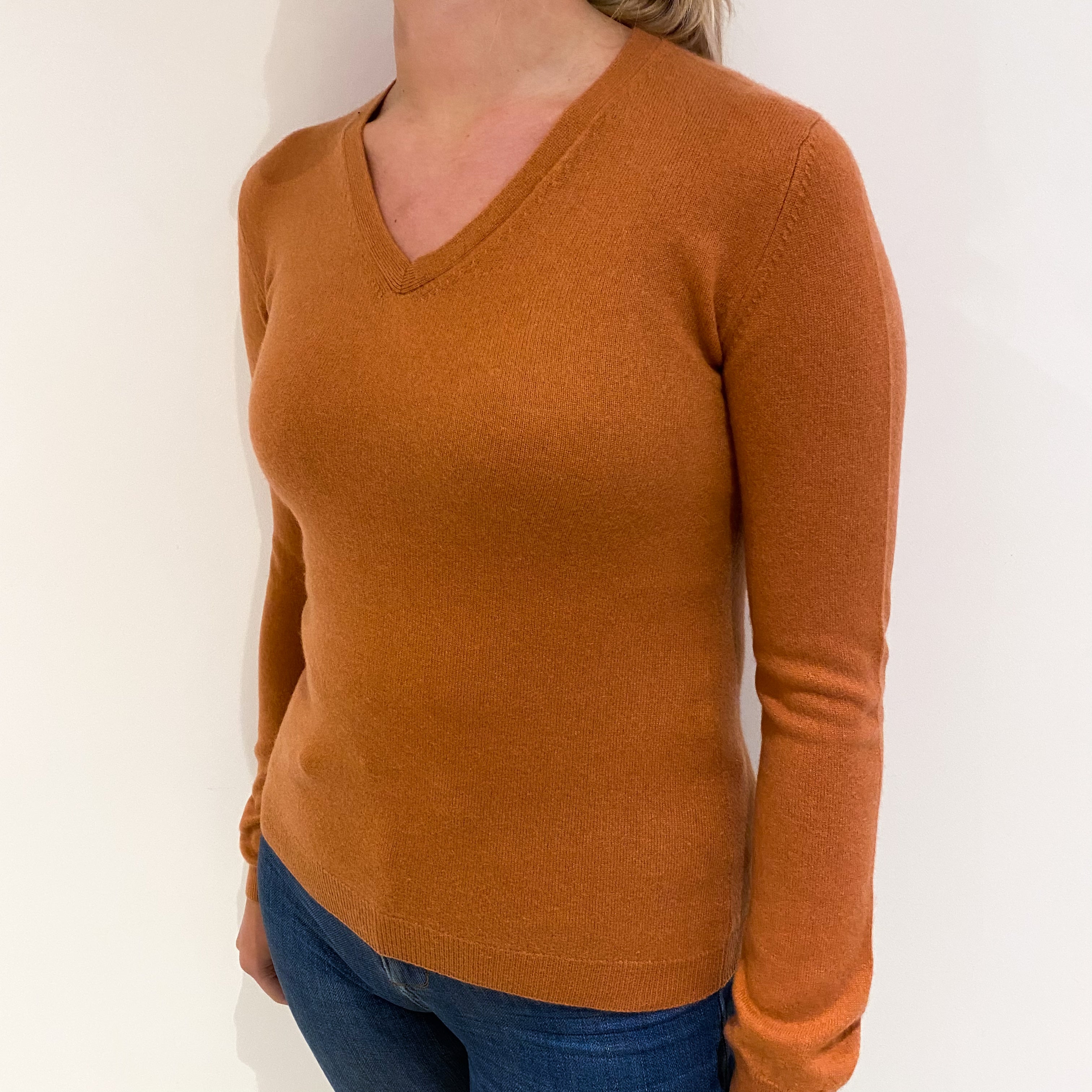 Terracotta Brown Cashmere V Neck Jumper Small