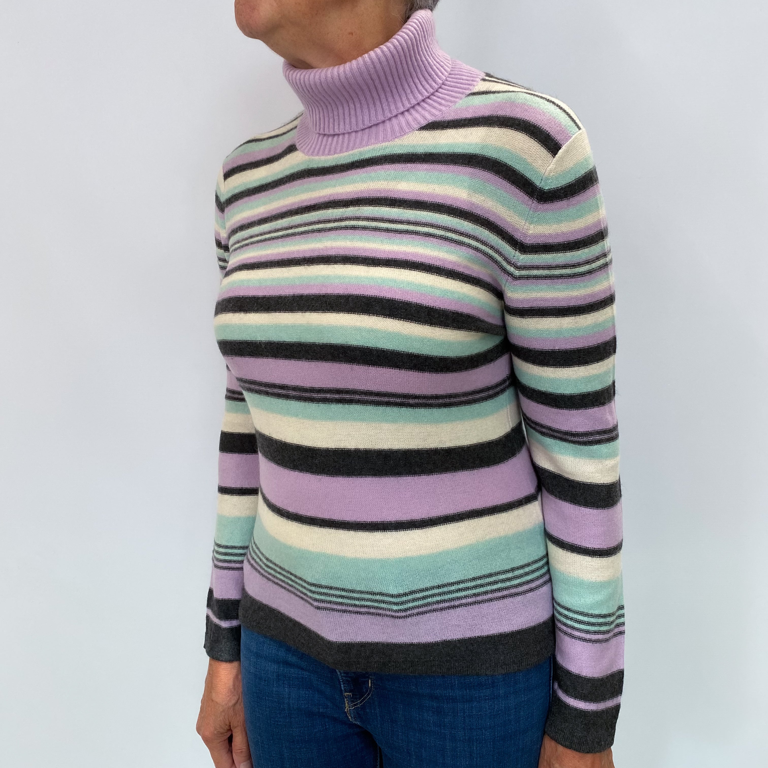 Purple and Mint Stripe Cashmere Polo Neck Jumper Medium