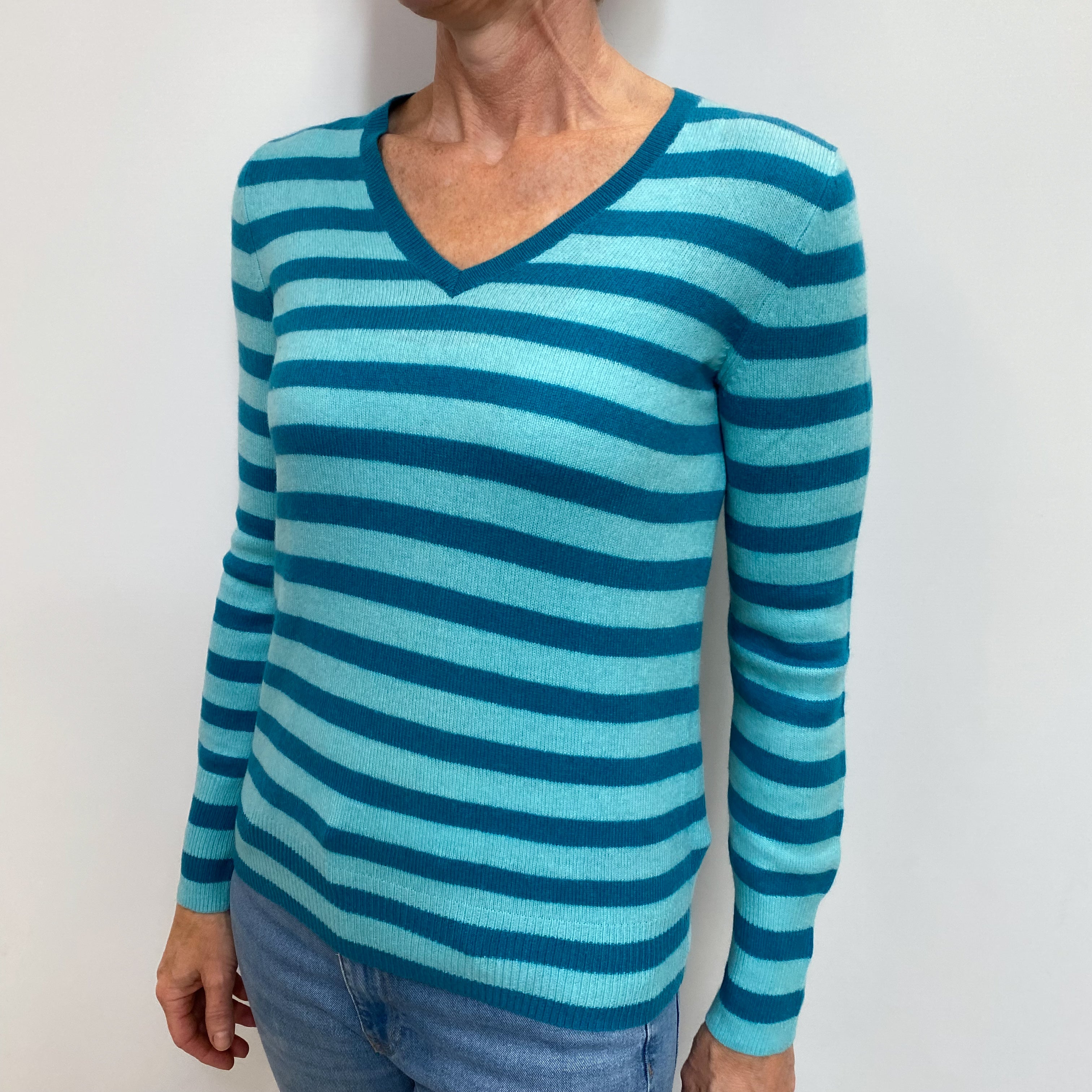 Aqua Blue Stripe Cashmere V Neck Jumper Small