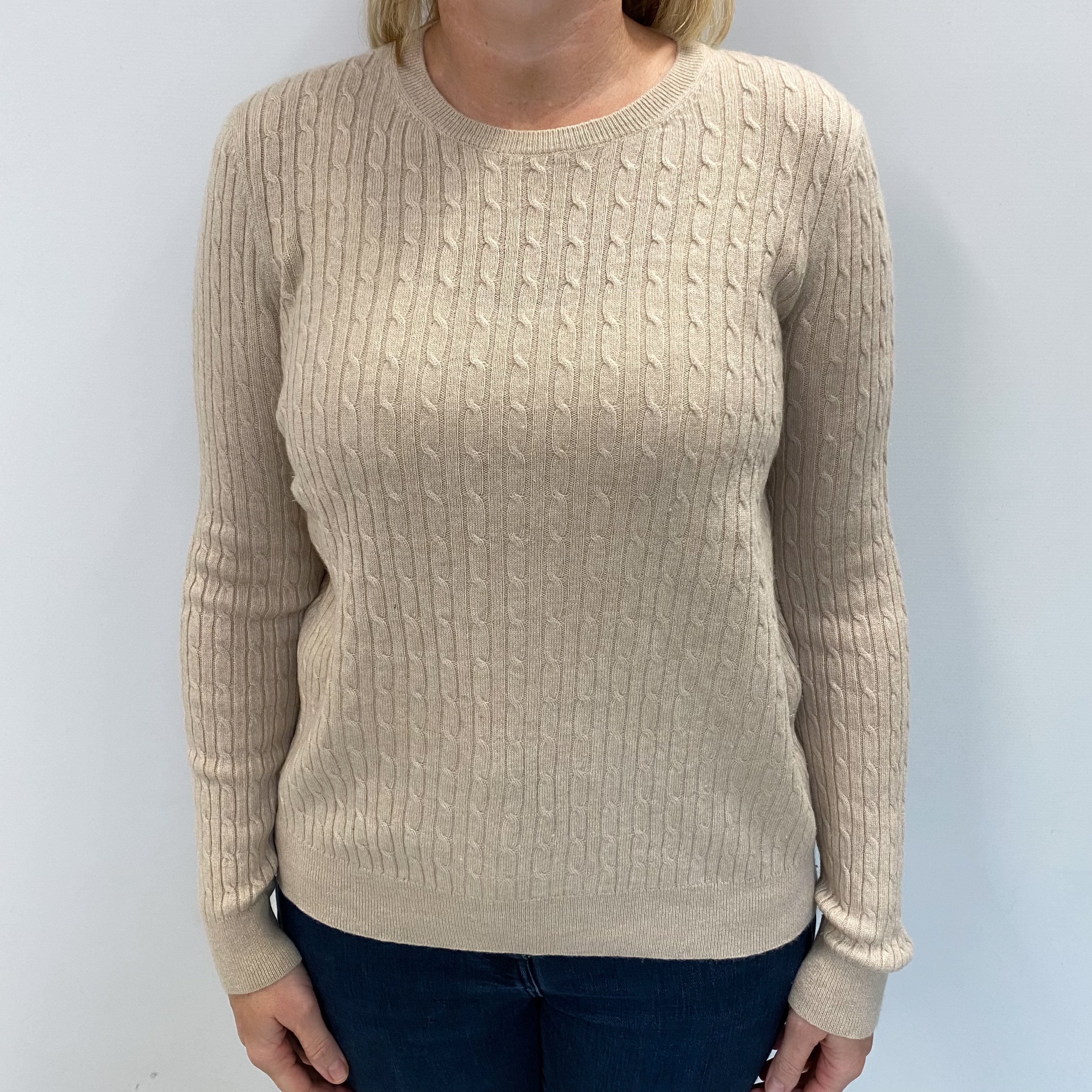 Biscuit Beige Cashmere Crew Neck Cable Knit Jumper Large