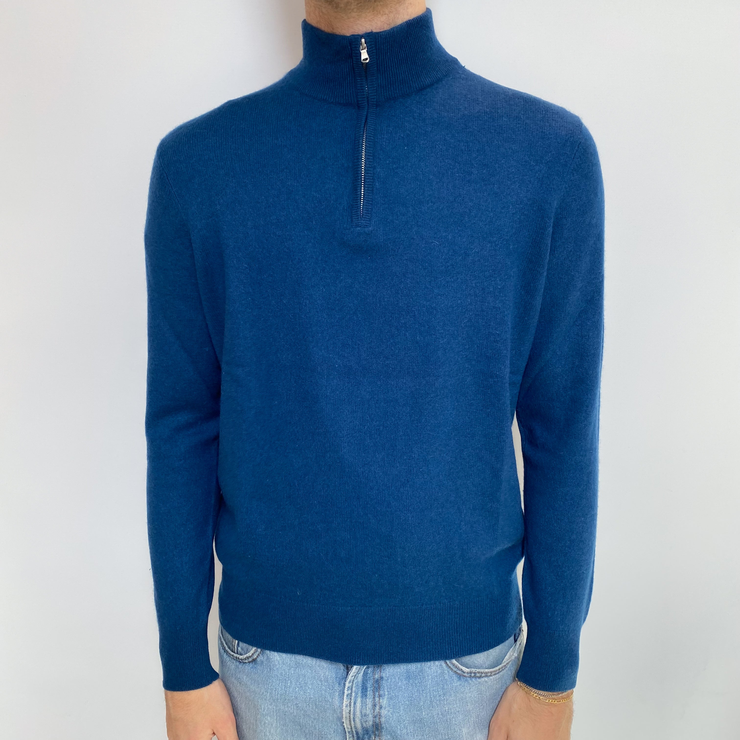 Men's Petrol Blue Cashmere 1/4 Zip Front Jumper Large