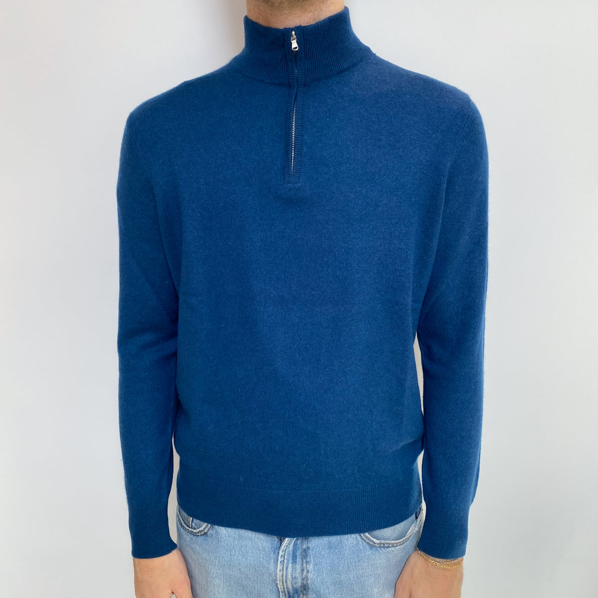 Men's Petrol Blue Cashmere 1/4 Zip Front Jumper Large