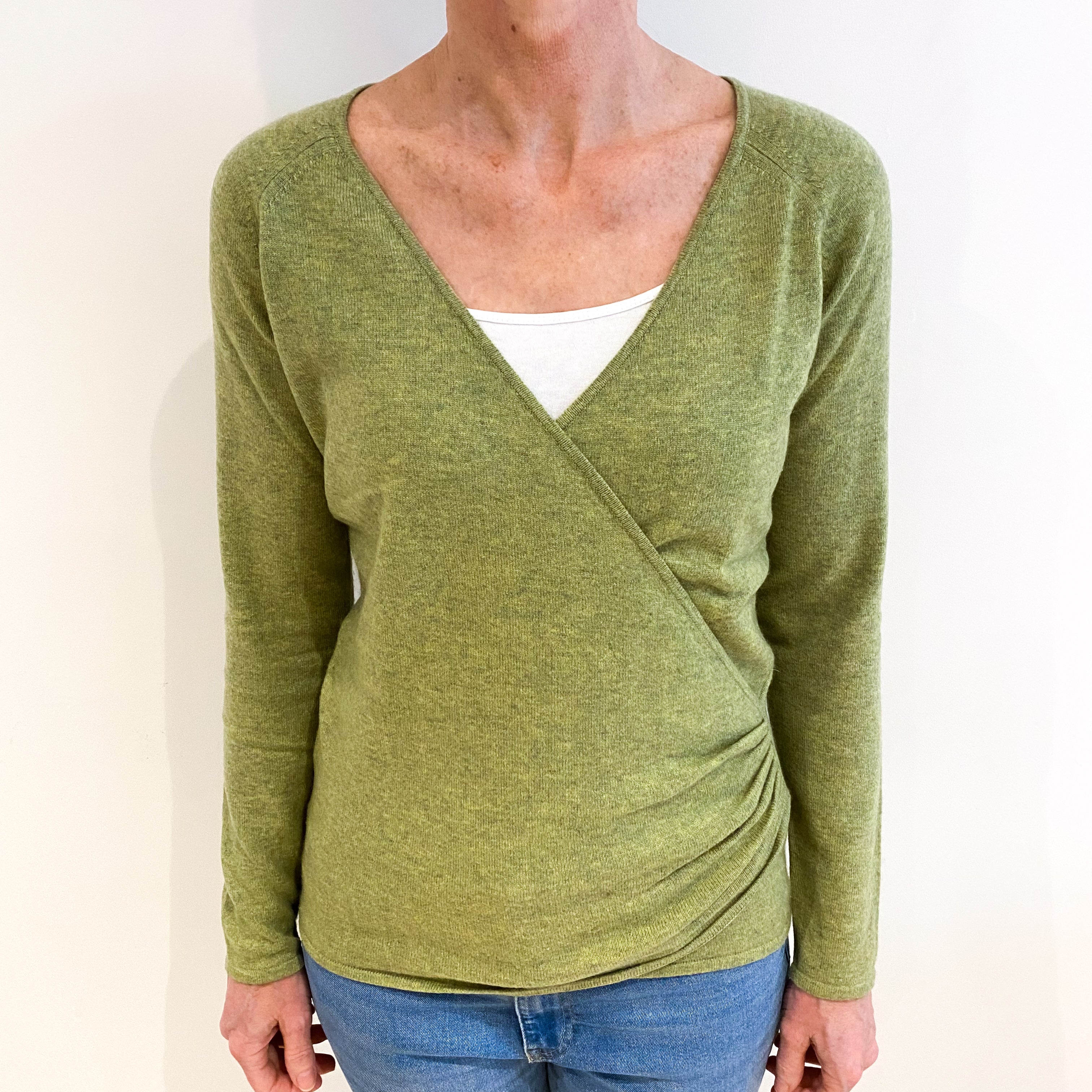 Like Green Marl Cashmere Cross Over V Neck Jumper Small