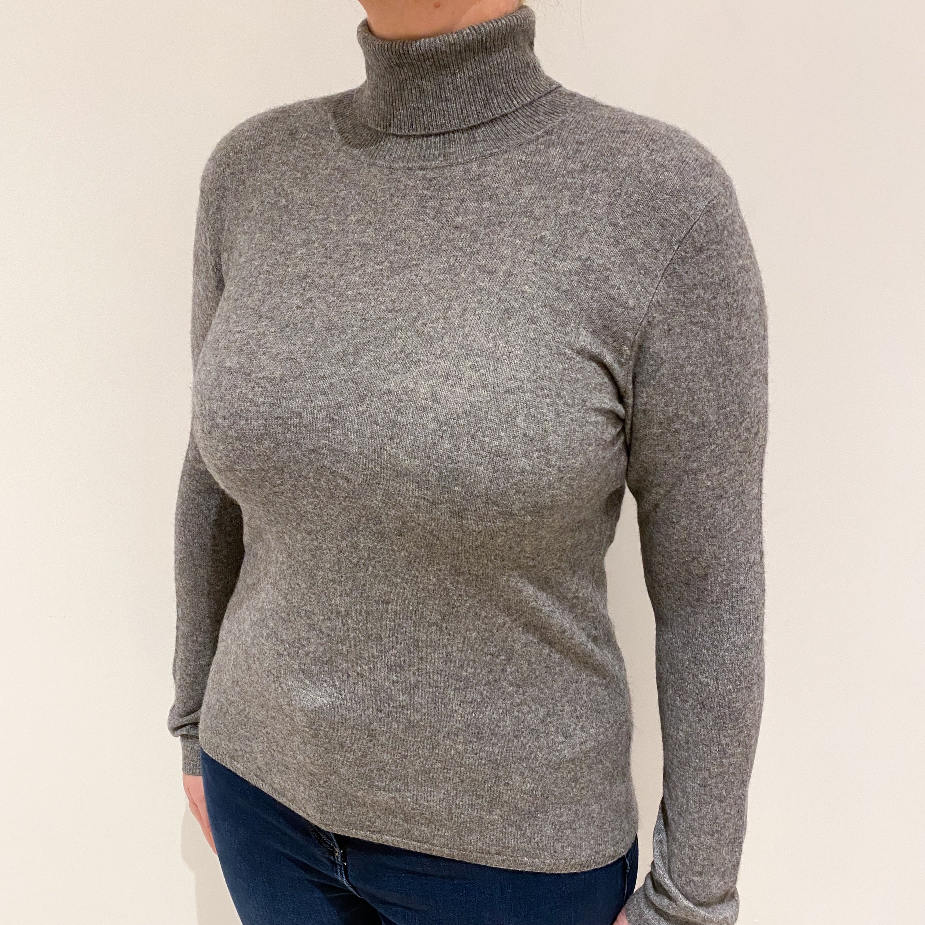 Ash Grey Cashmere Polo Neck Jumper Large
