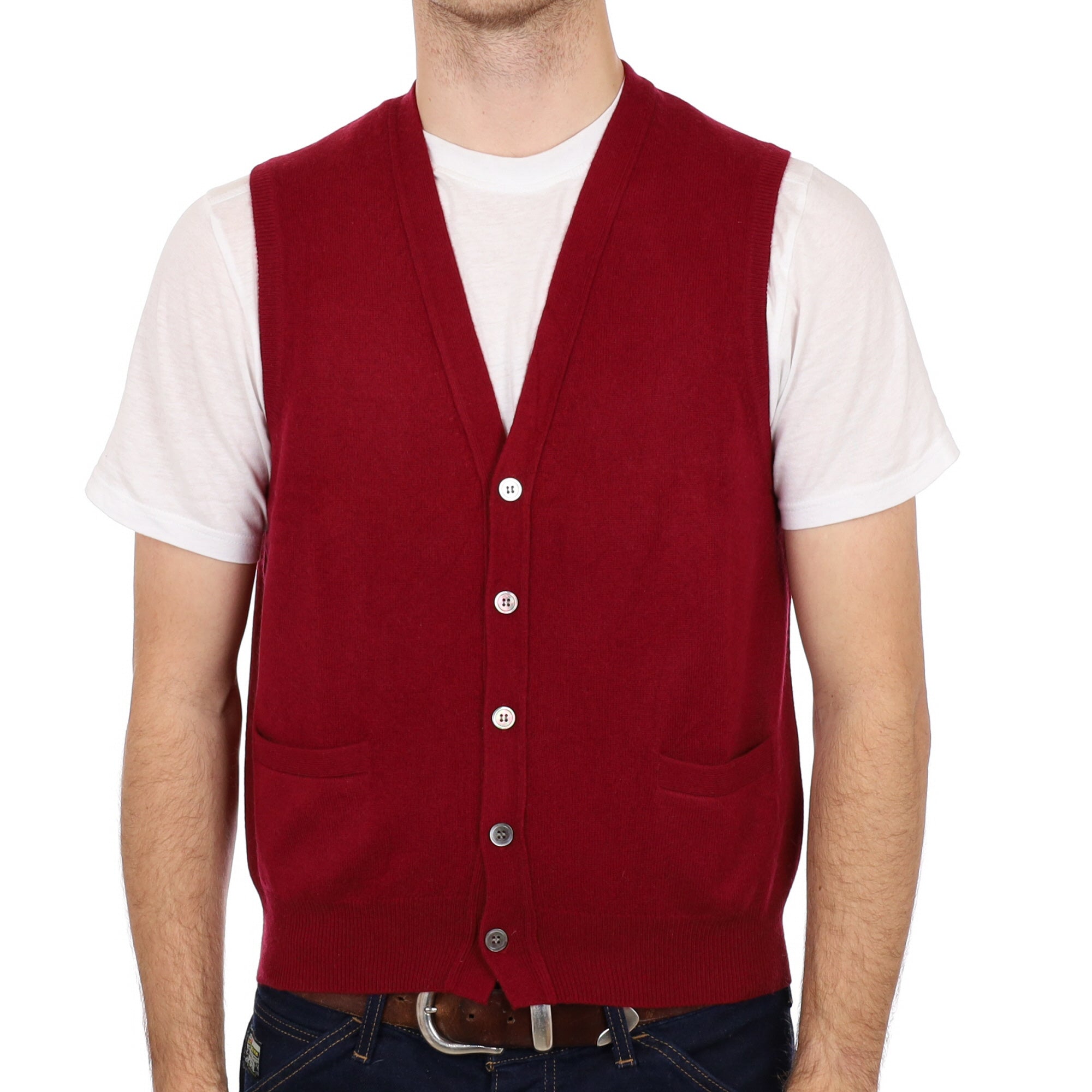 Men's Burgundy Red Cashmere V Neck Sleeveless Cardigan Medium