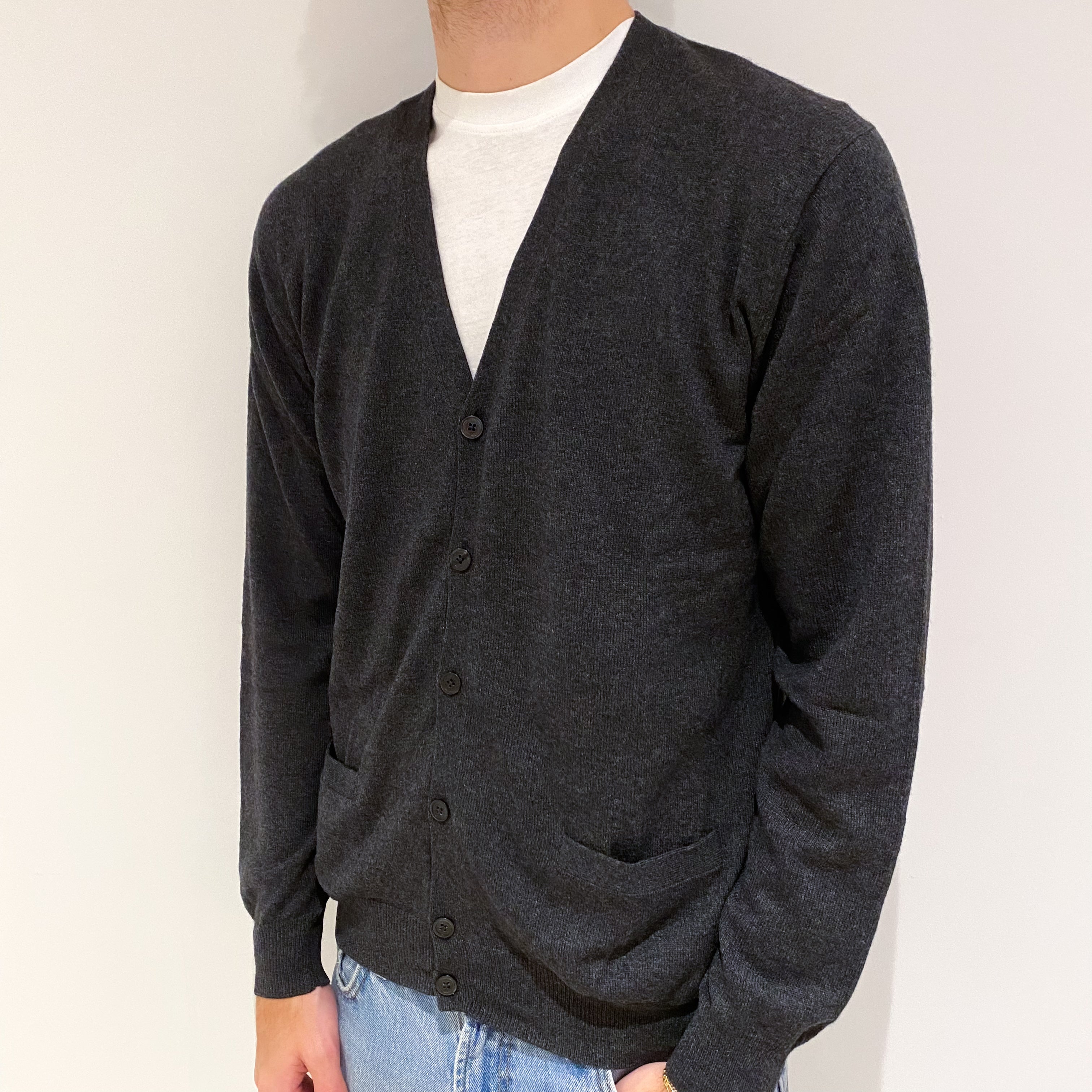 Men's Dark Grey Cashmere V Neck Cardigan with Pockets Large