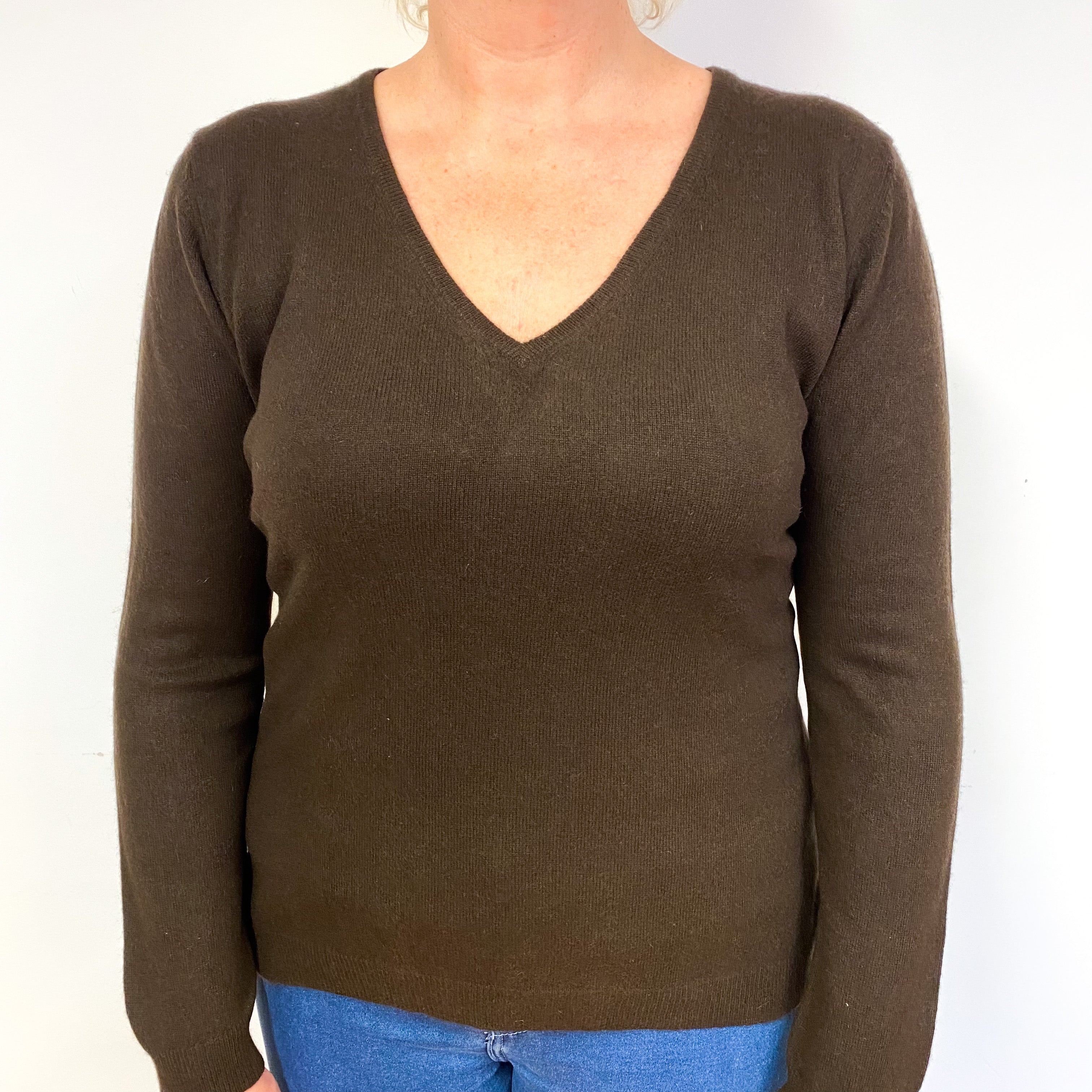 Chocolate Brown Cashmere V-Neck Jumper Large