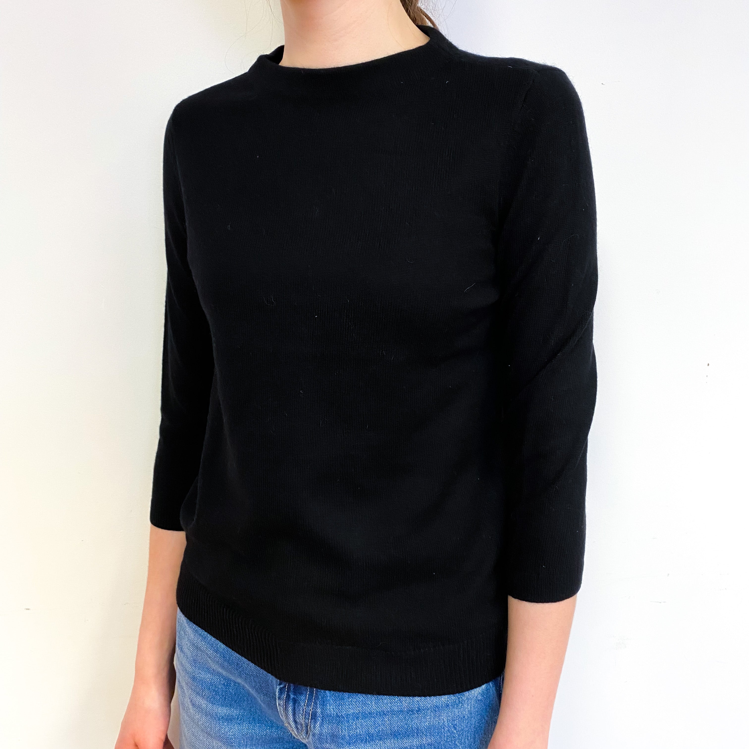 Black 3/4 Sleeve Cashmere Crew Neck Jumper Extra Small