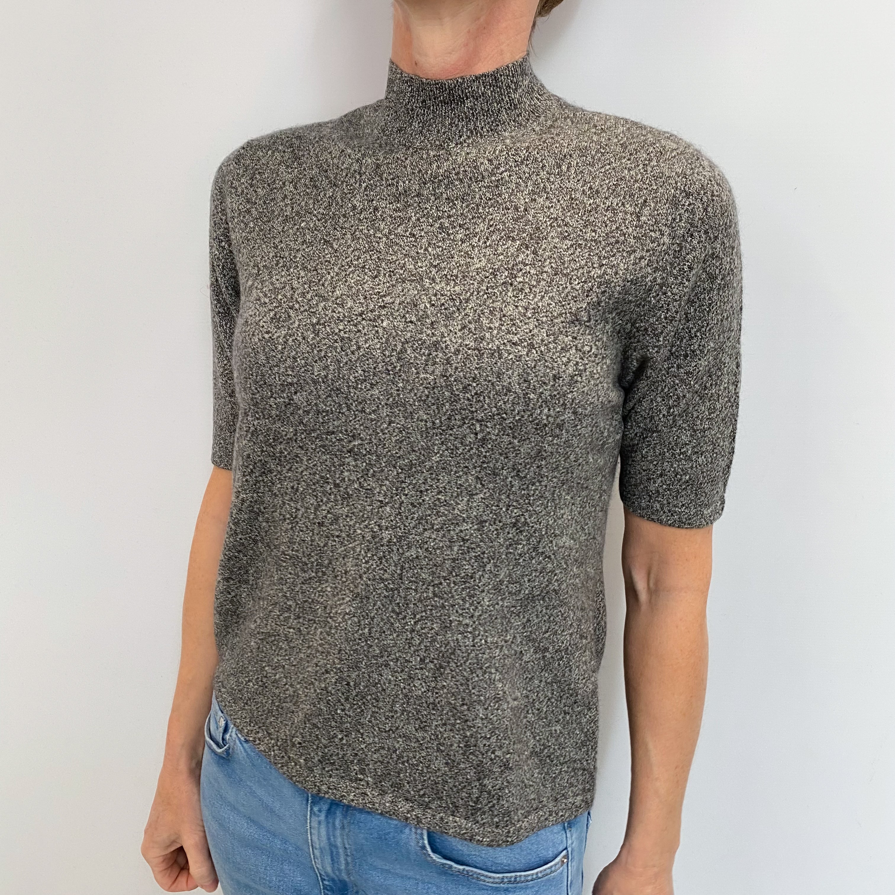 Grey Marl Cashmere Short Sleeved Turtle Neck Jumper Small