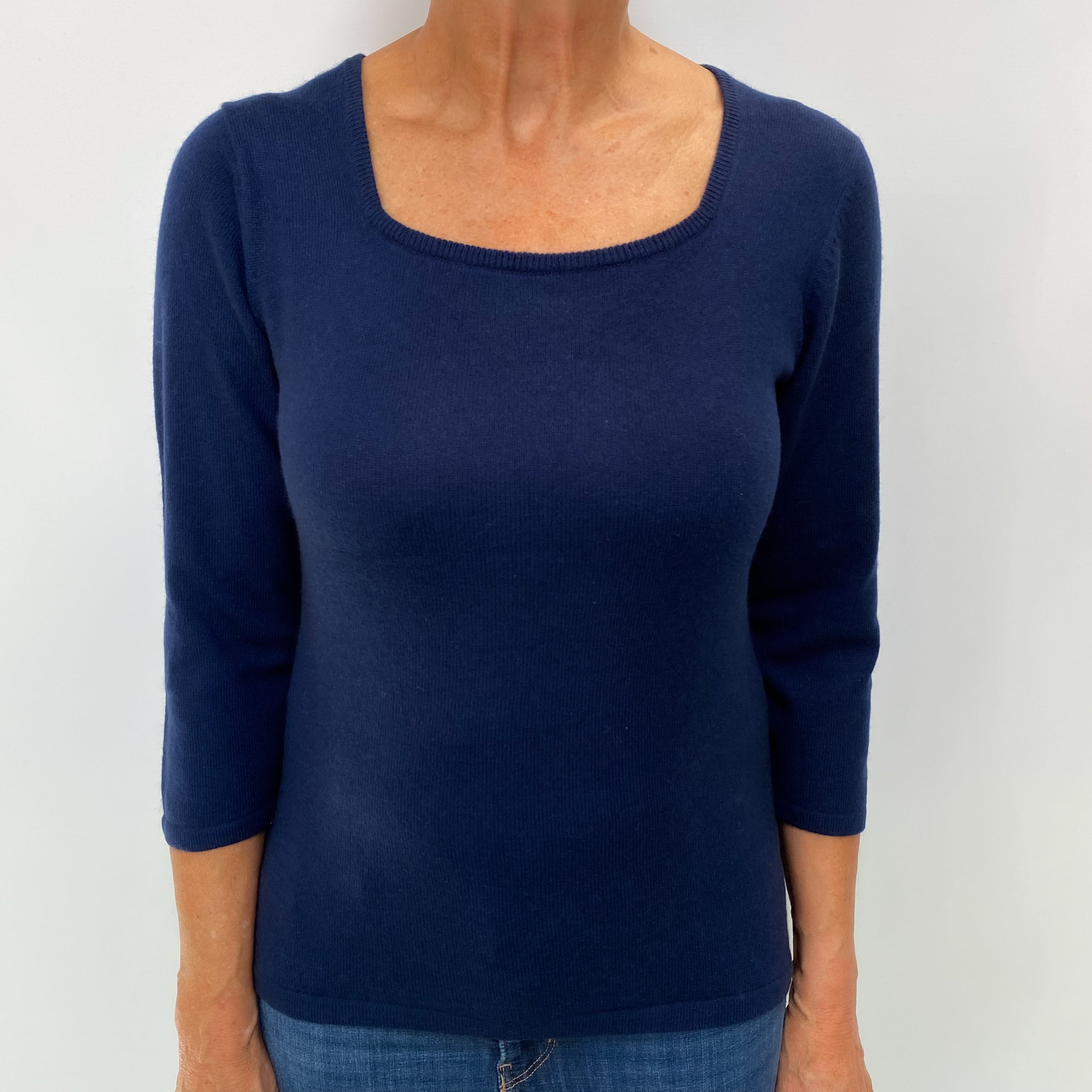 French Navy Cashmere Crew Neck 3/4 Sleeve Jumper Medium