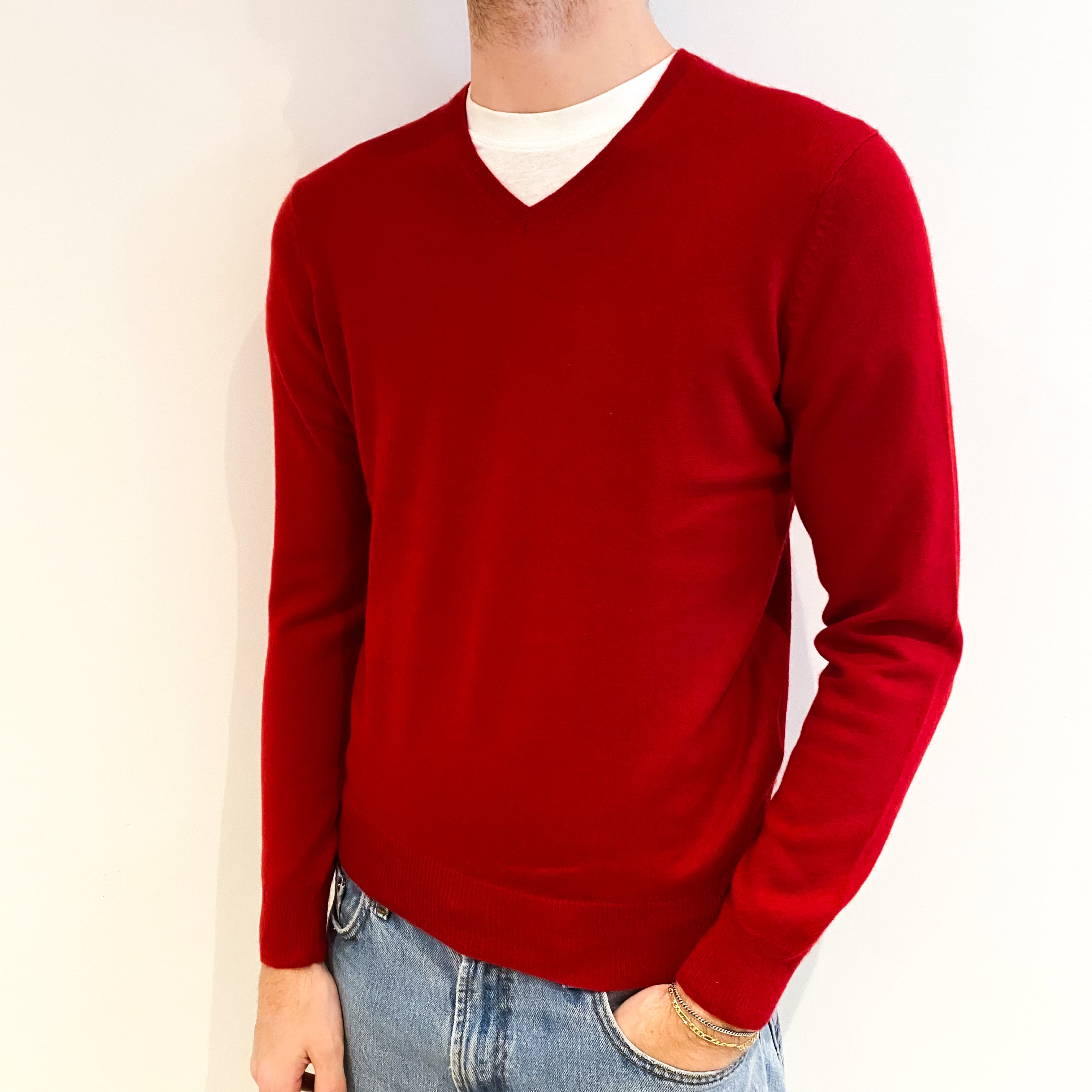 Men's Post Box Red Cashmere V Neck Jumper Medium