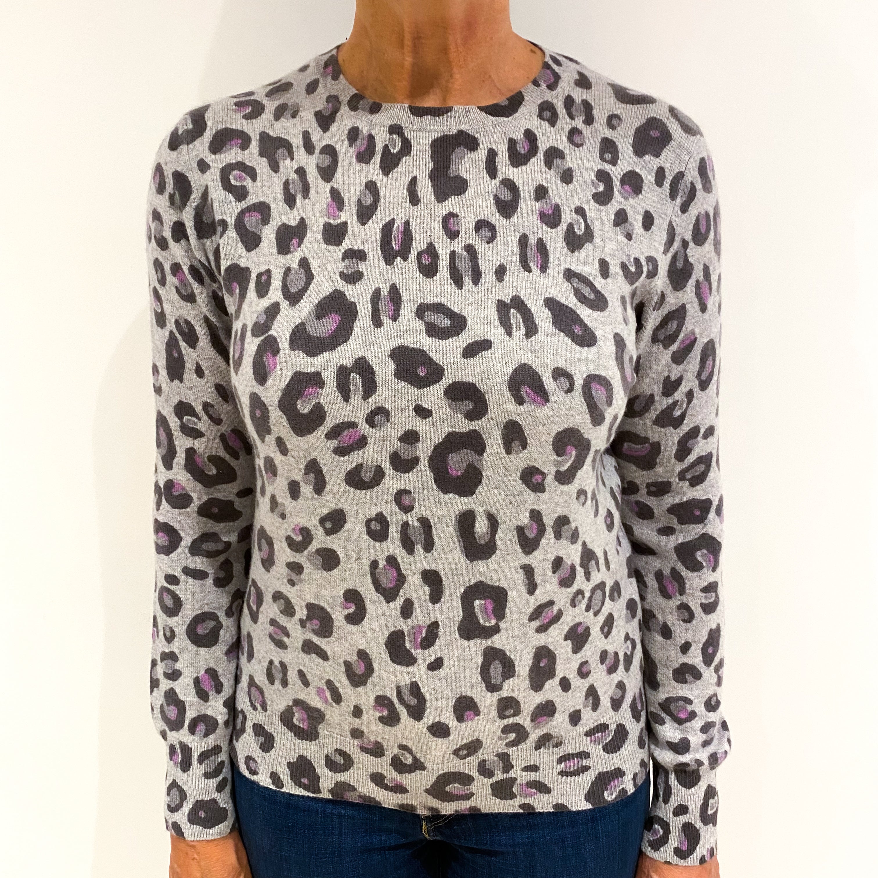 Pale Grey Animal Print Cashmere Crew Neck Jumper Medium
