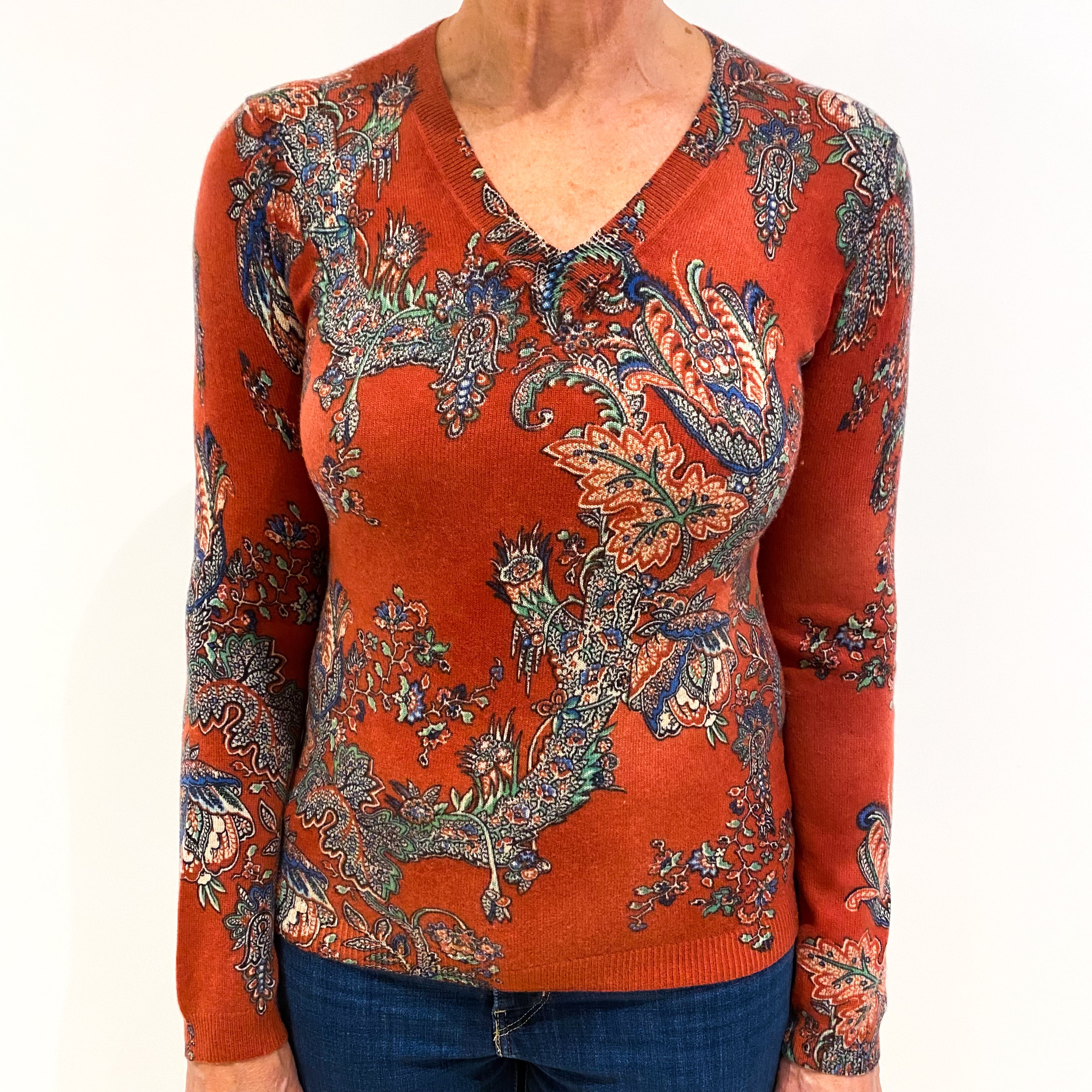 Rust Orange Paisley Cashmere V-Neck Jumper Medium