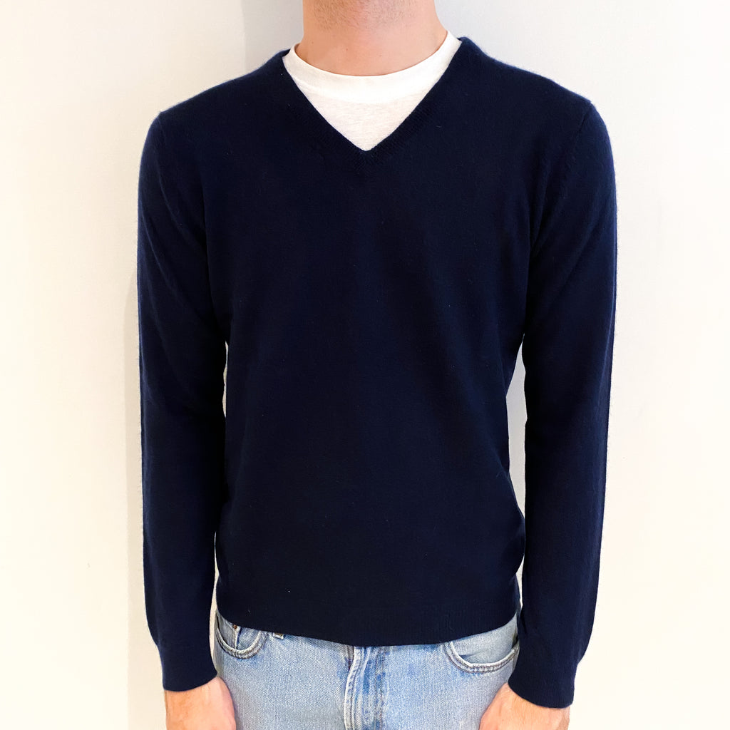 Men's Navy Blue Cashmere V Neck Jumper Medium