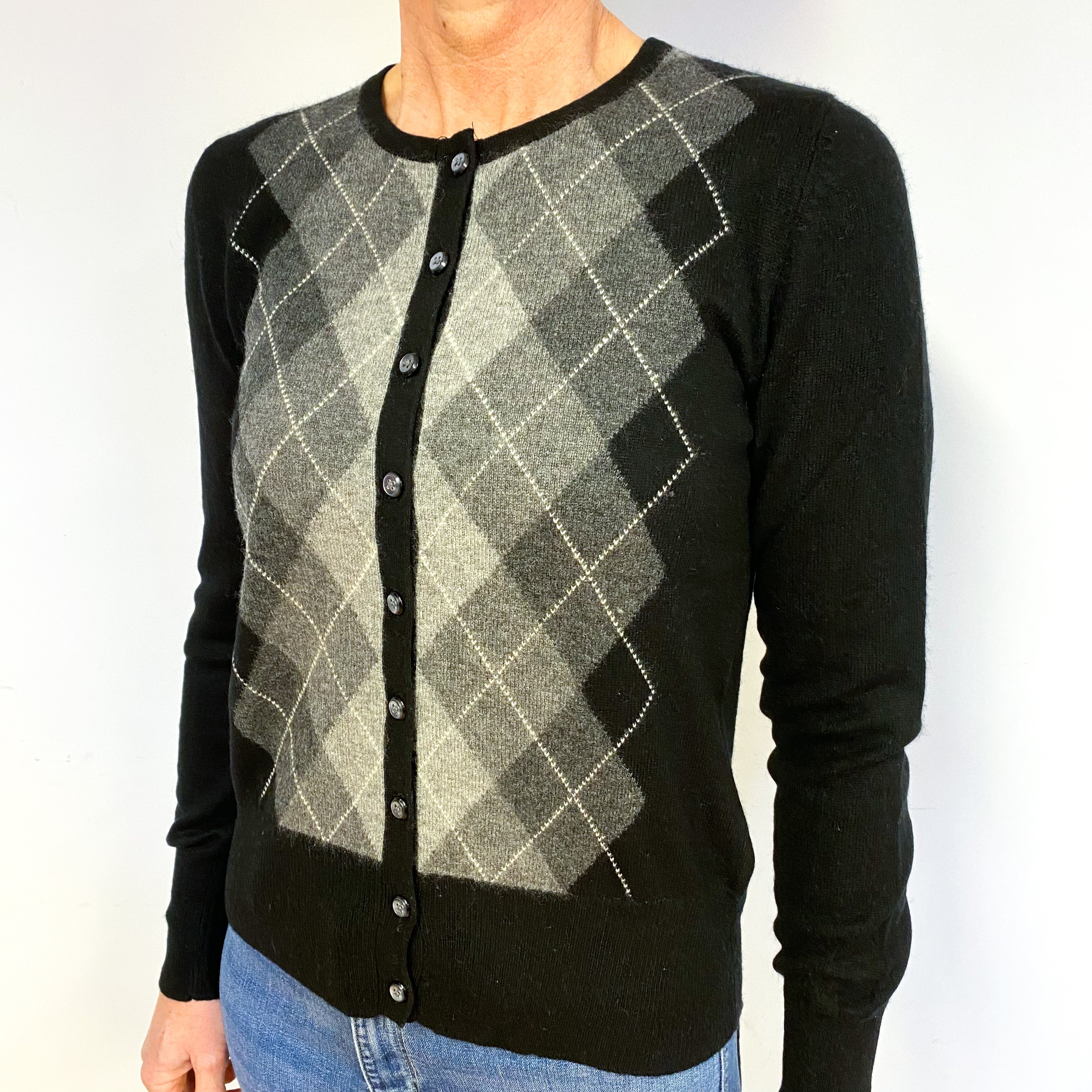 Black And Grey Argyle Cashmere Cardigan Medium