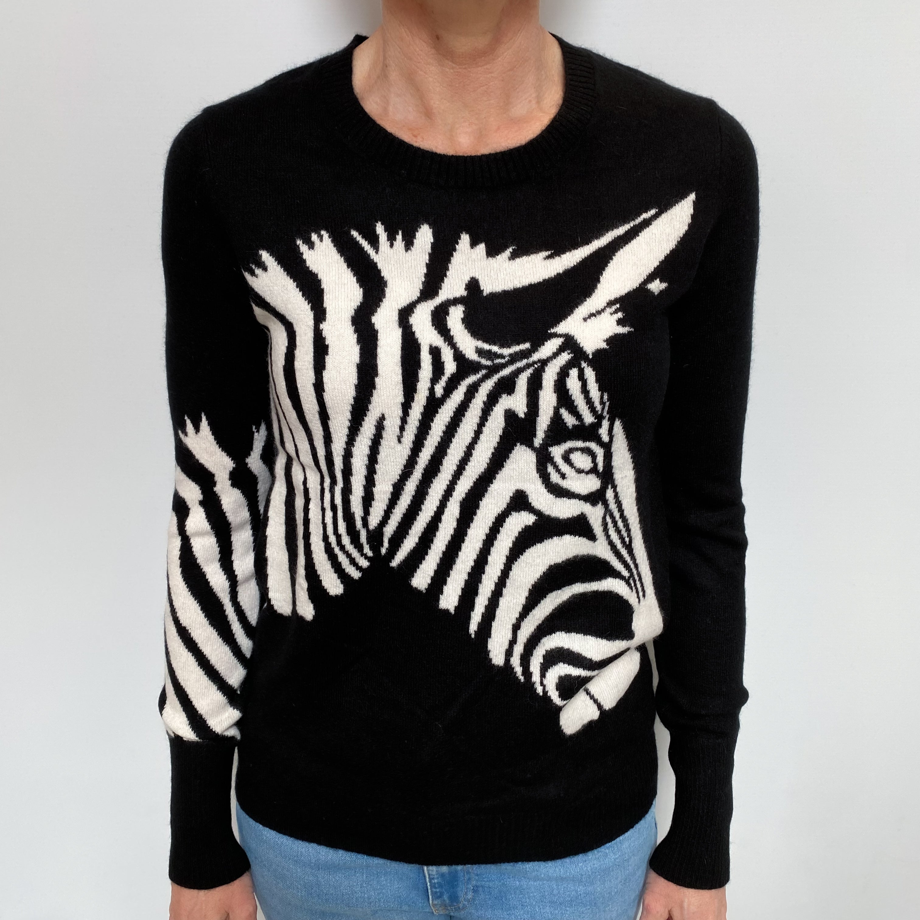 Black Cashmere Zebra Crew Neck Jumper Small