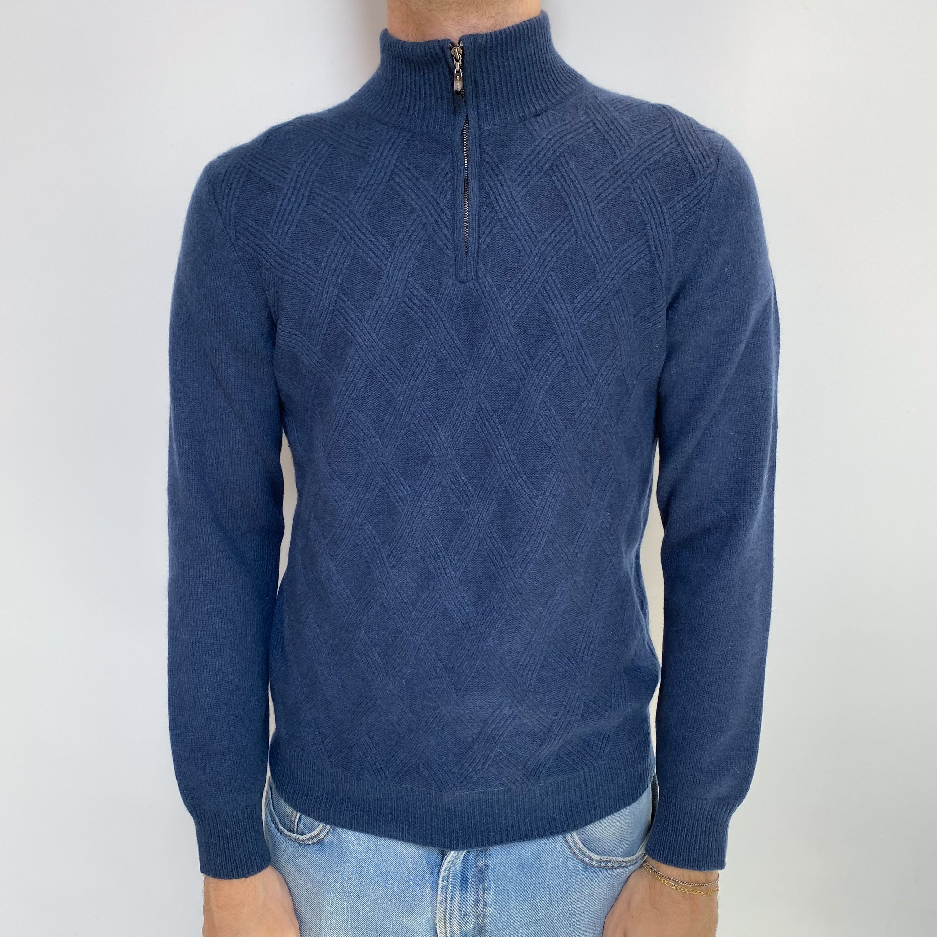 Men's Naval Blue Cashmere Lattice Knit 1/4 Zip Jumper Medium