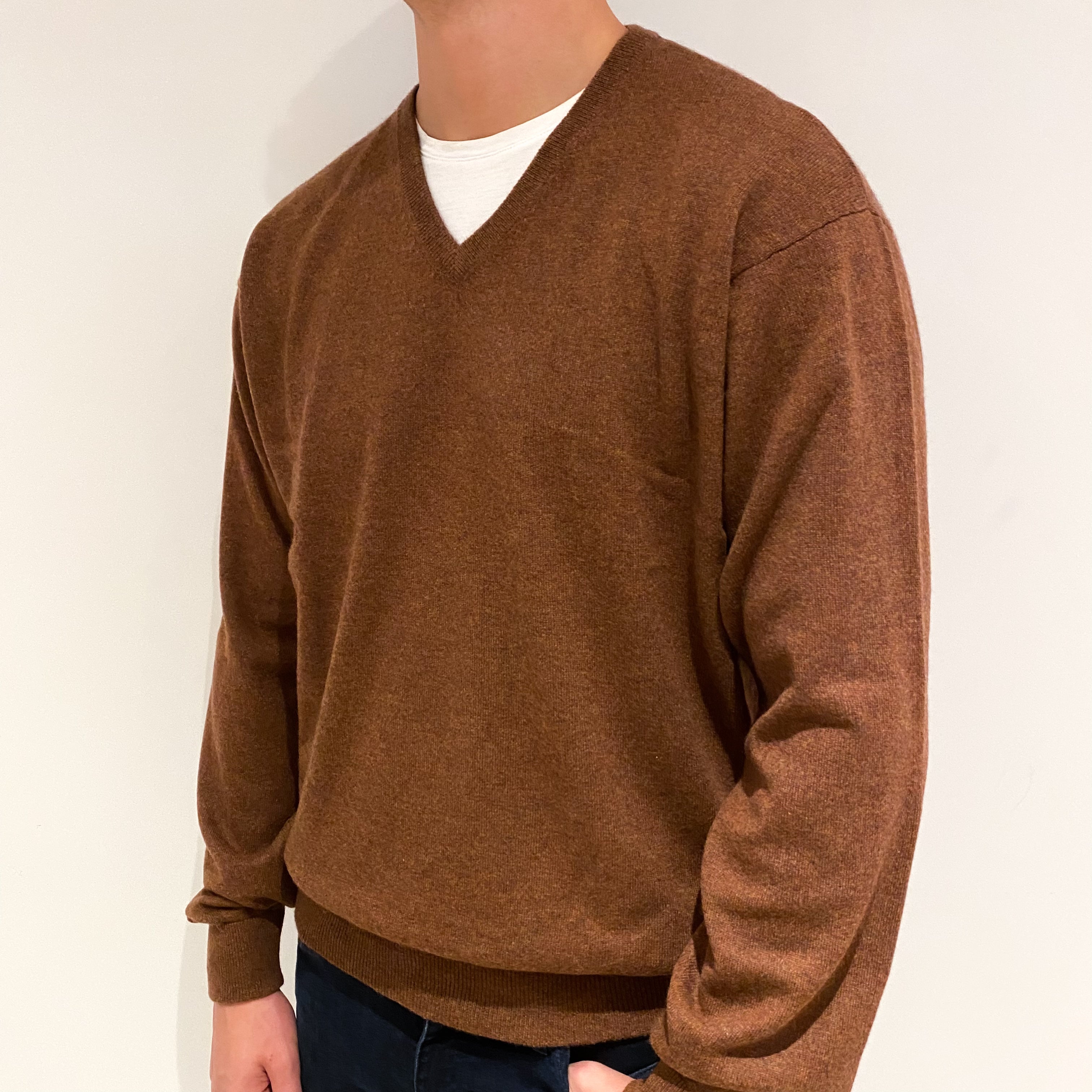 Men's Orvis Rust Brown Cashmere V-Neck Jumper Extra Extra Large