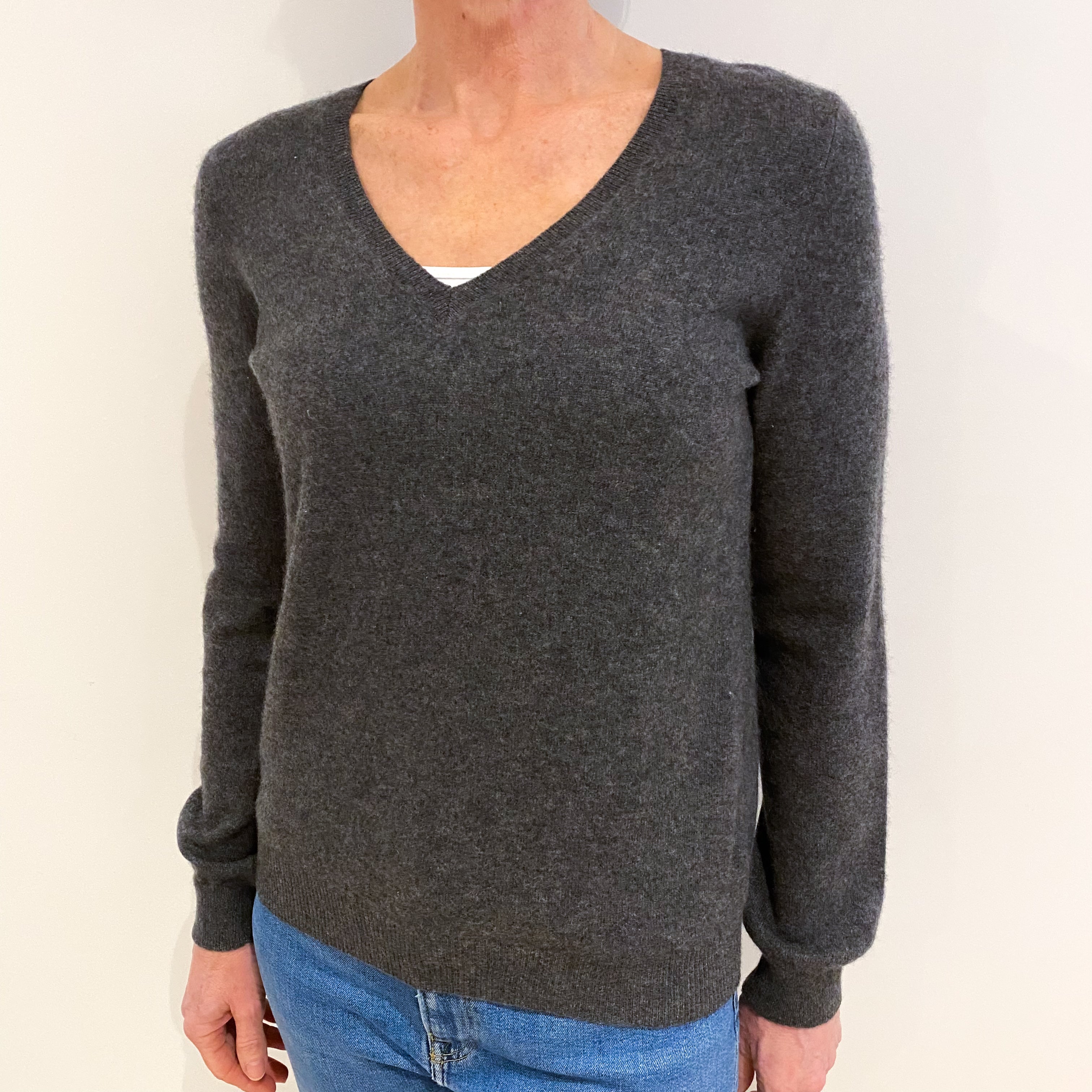 Slate Grey Cashmere V Neck Jumper Small