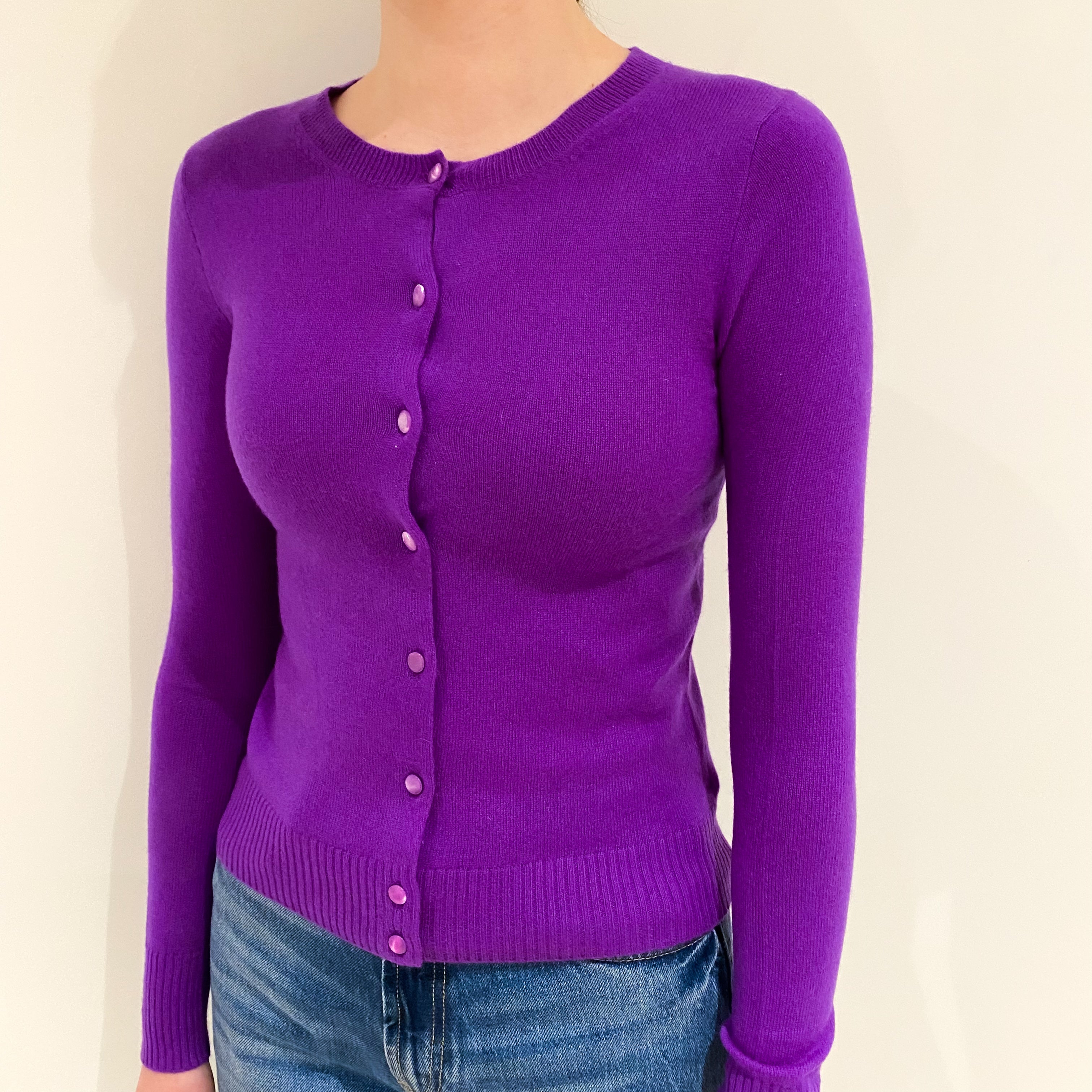 Bright Violet Purple Cashmere Crew Neck Cardigan 3XS