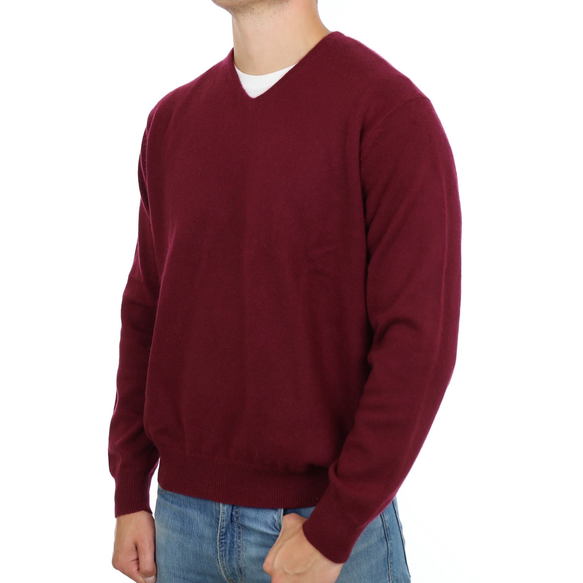 Men's Mulberry Red Cashmere V Neck Jumper XXL