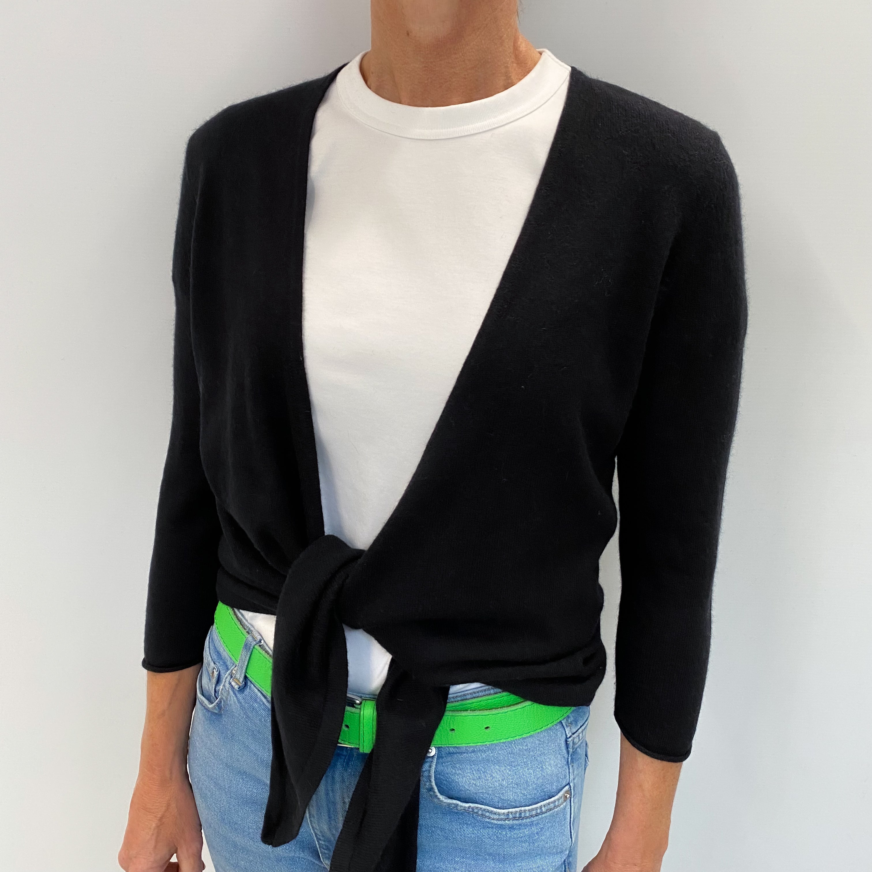 Black Cashmere V Neck Tie Wrap Cardigan Small