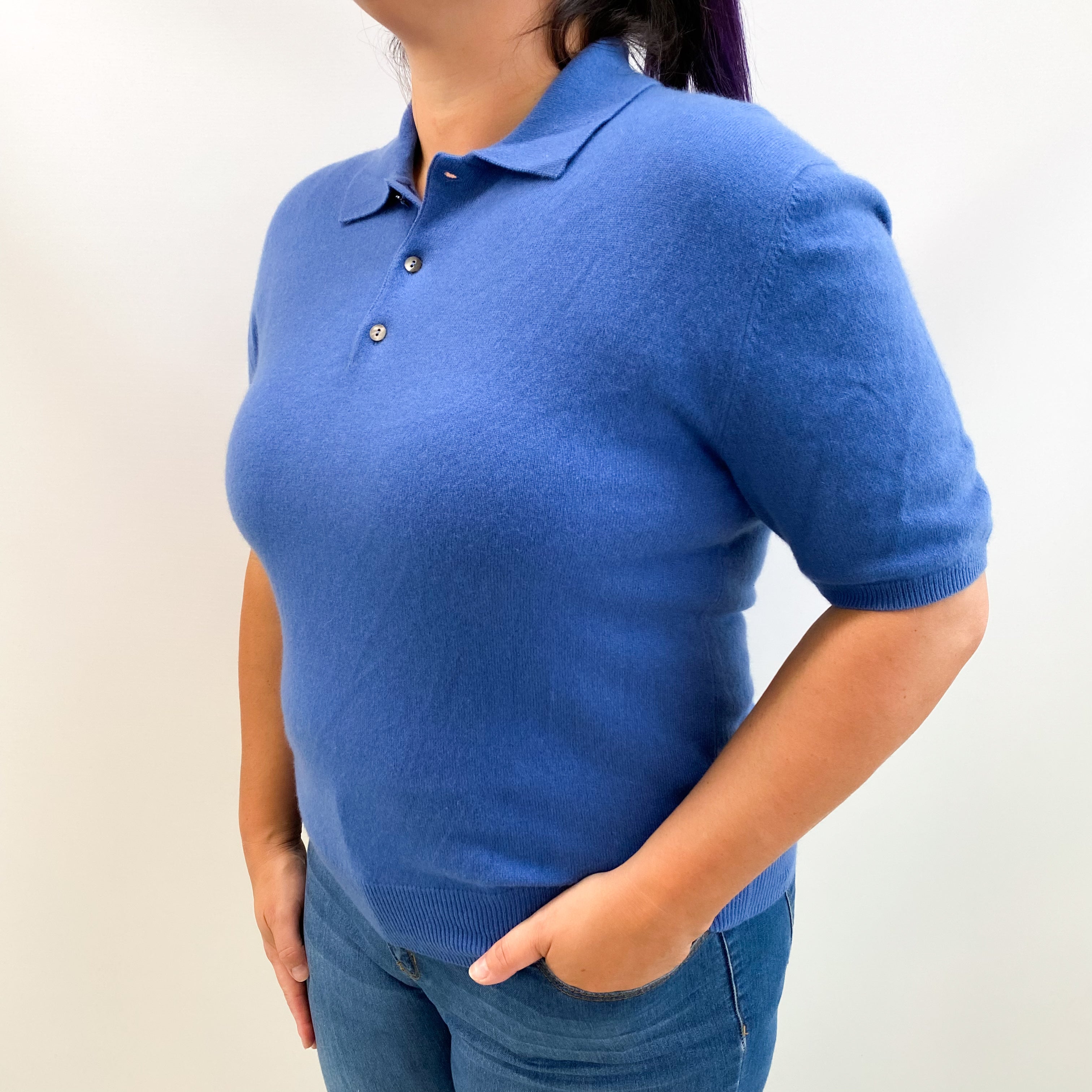 Airforce Blue Cashmere 1/4 Button Collared Crew Neck Short Sleeved Jumper Large