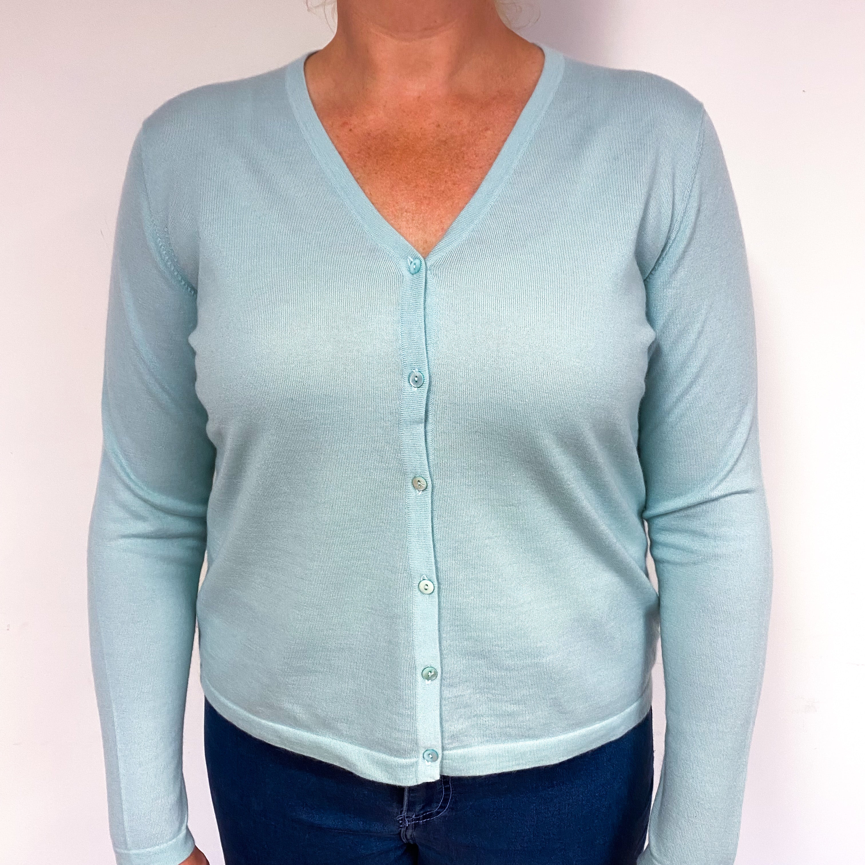 Mint Green Fine Knit Cashmere V-Neck Cardigan Large
