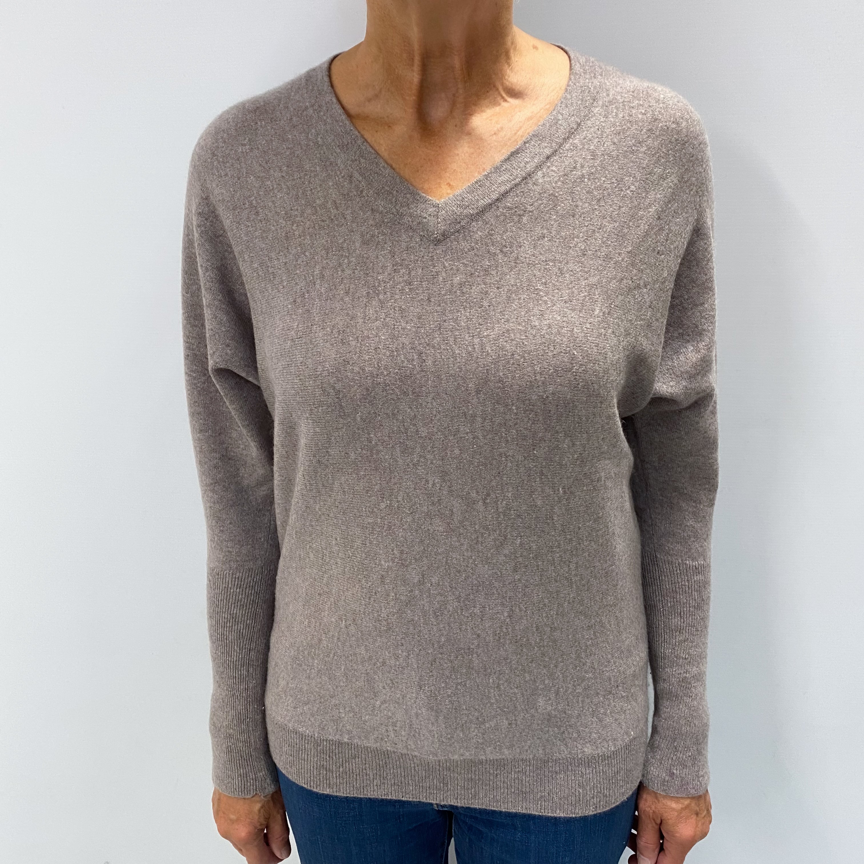 Mink Brown Cashmere Batwing V Neck Jumper Medium