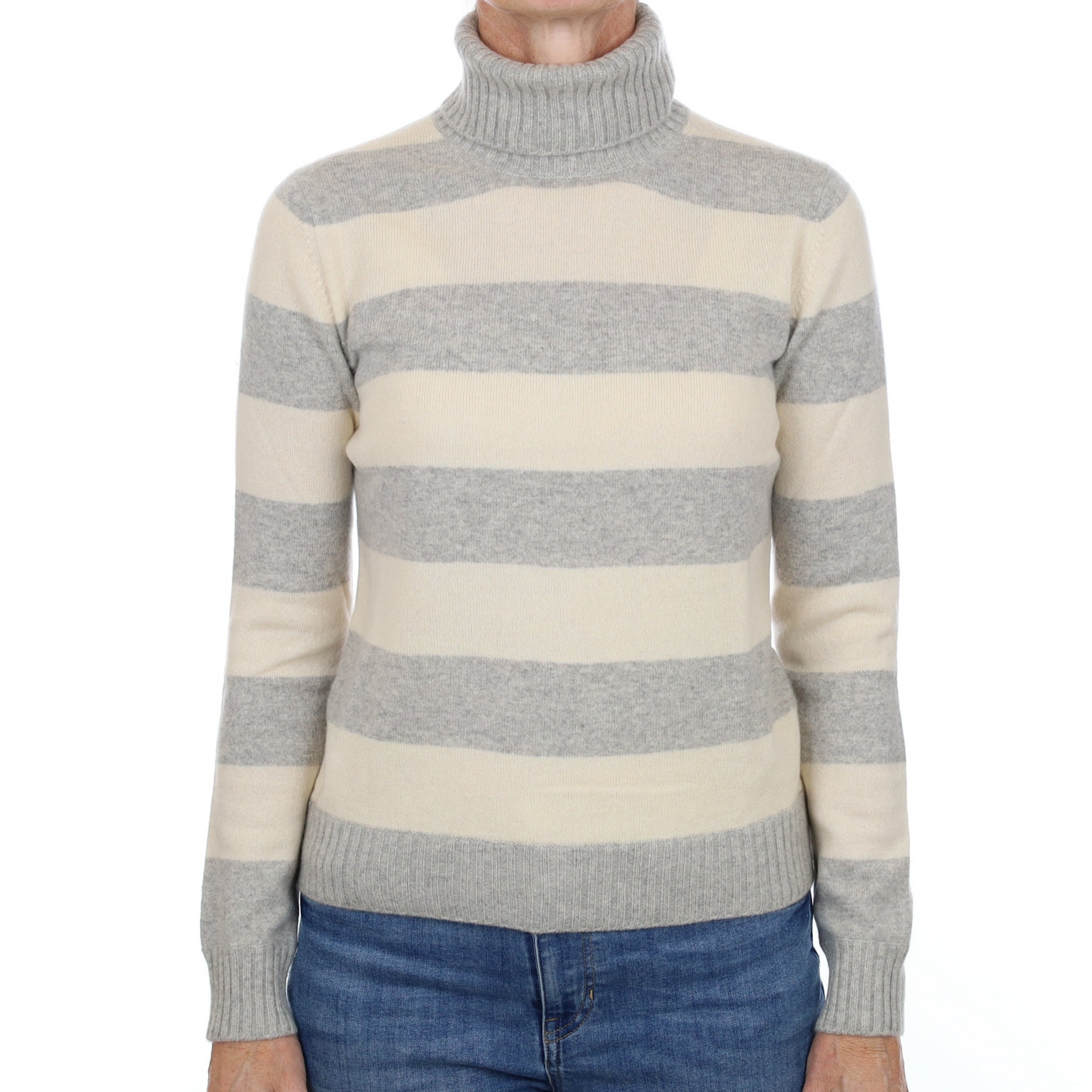 Smoke Grey and Cream Striped Cashmere Polo Neck Jumper Small