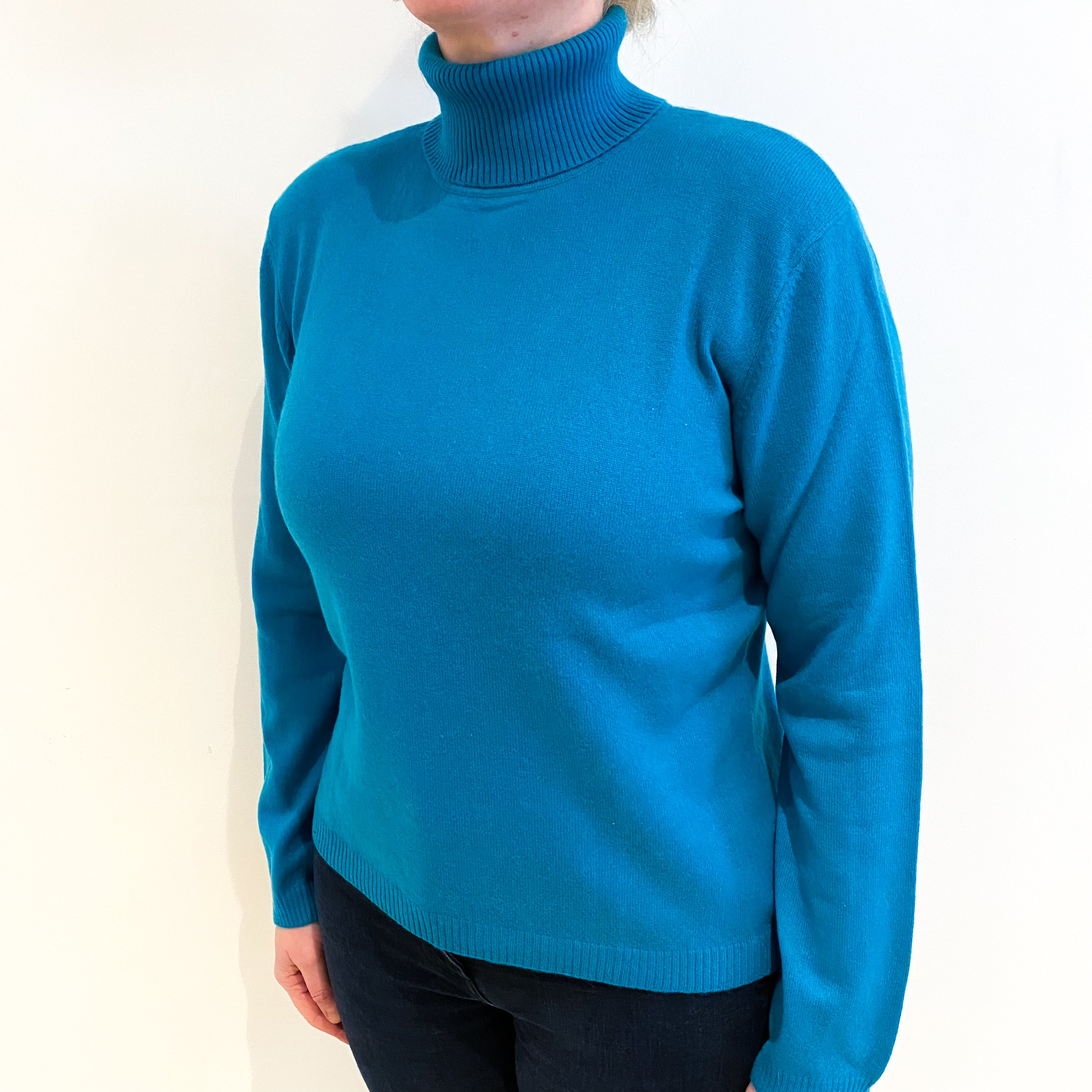 Teal Blue Cashmere Polo Neck Jumper Large