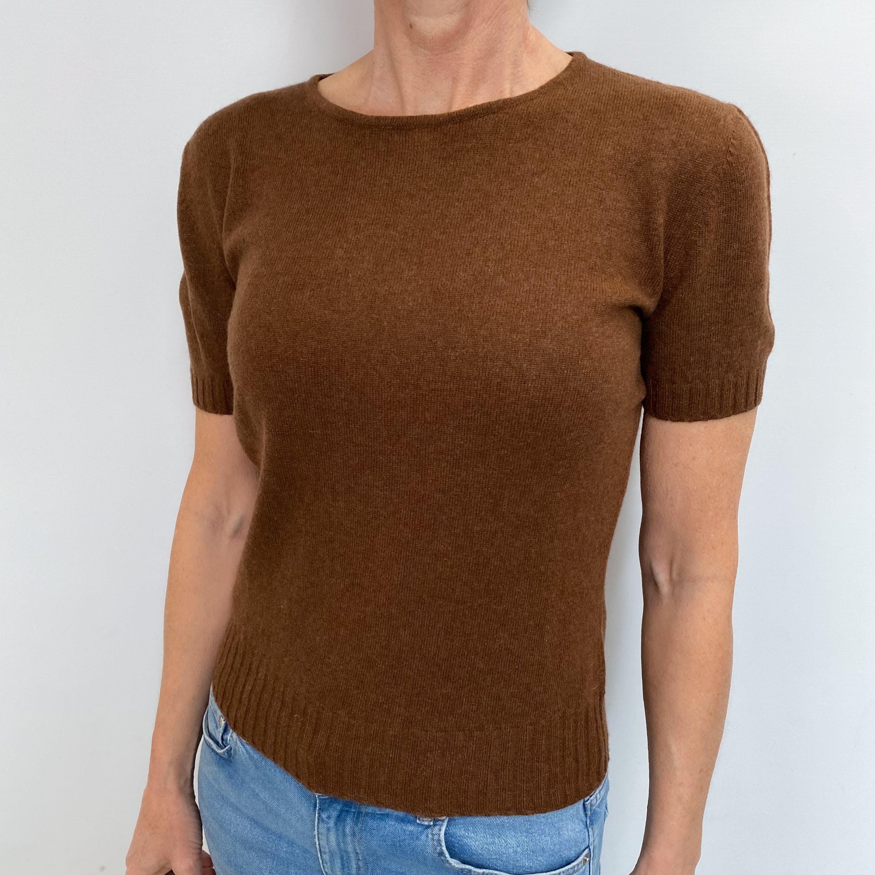 Deep Chestnut Brown Cashmere Short Sleeved Crew Neck Jumper Small