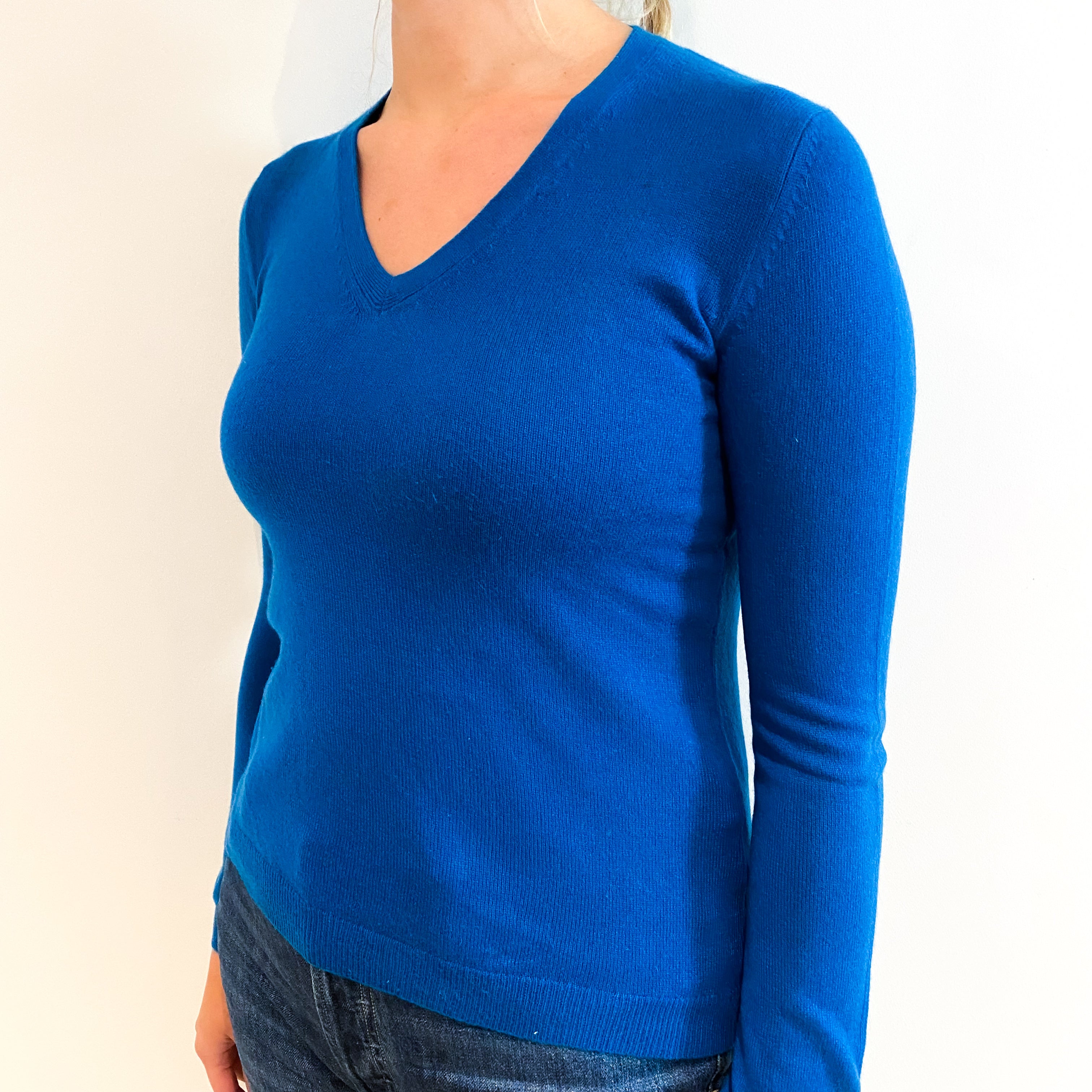 Teal Blue Cashmere V-Neck Jumper Small