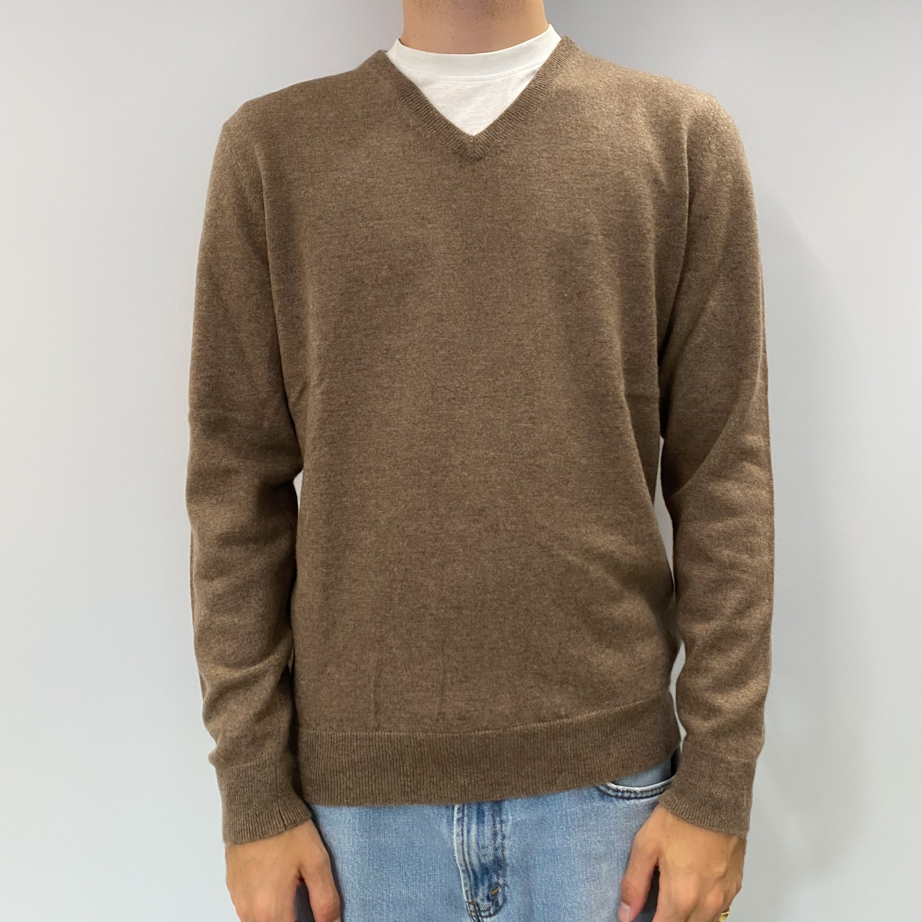 Men's Mocha Brown Cashmere V Neck Jumper Large