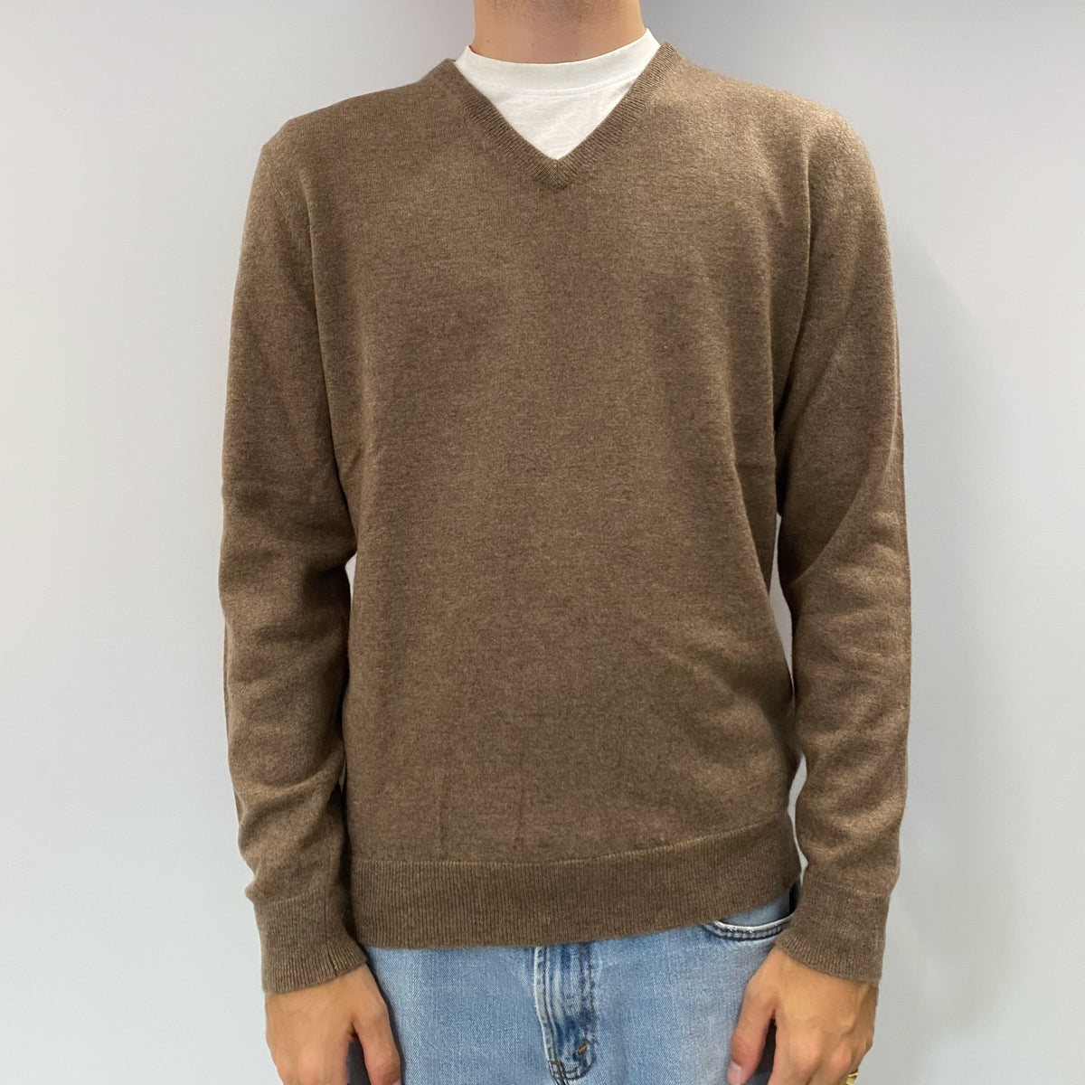 Men's Mocha Brown Cashmere V Neck Jumper Large