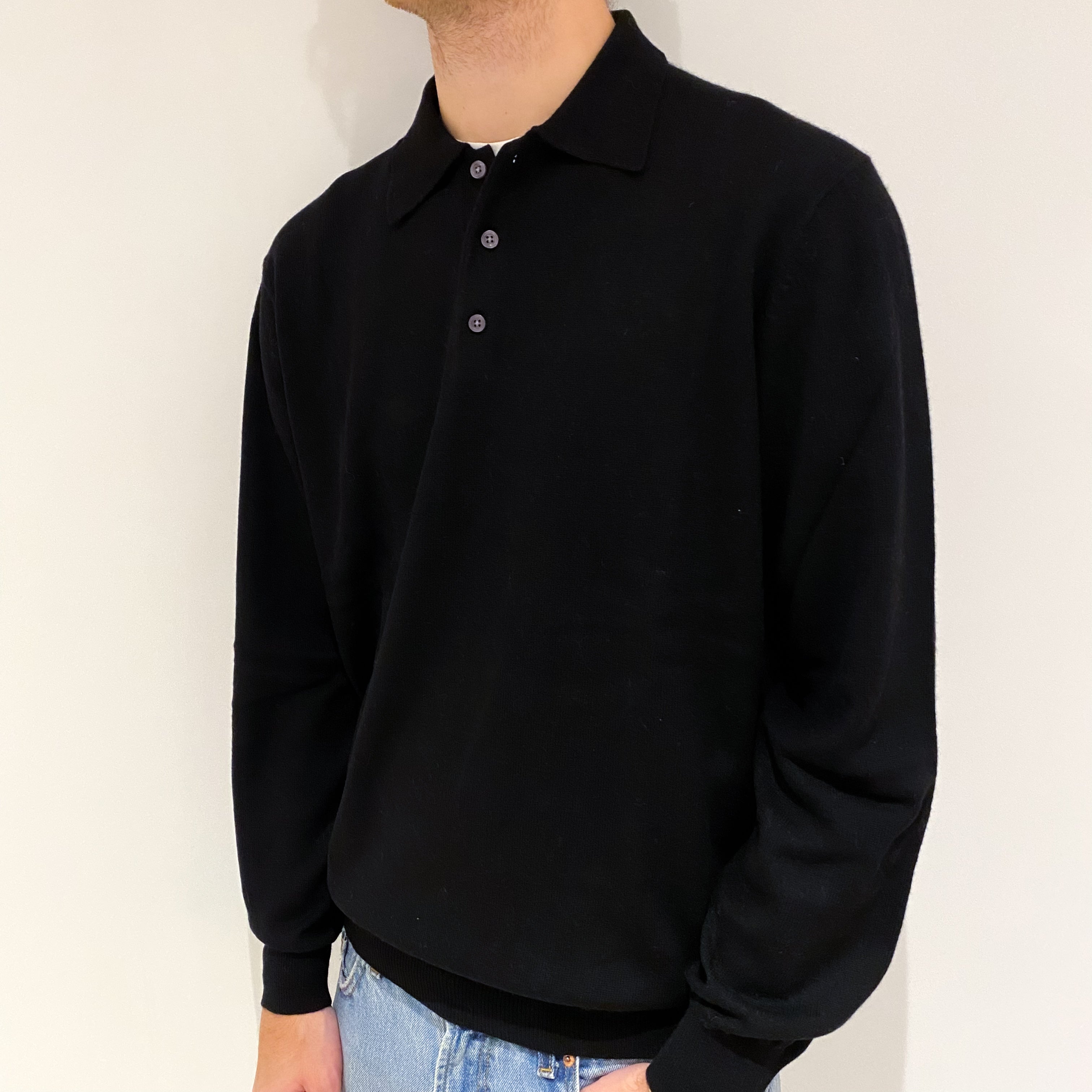Men's Black Cashmere Collar 1/4 Button Neck Jumper Large
