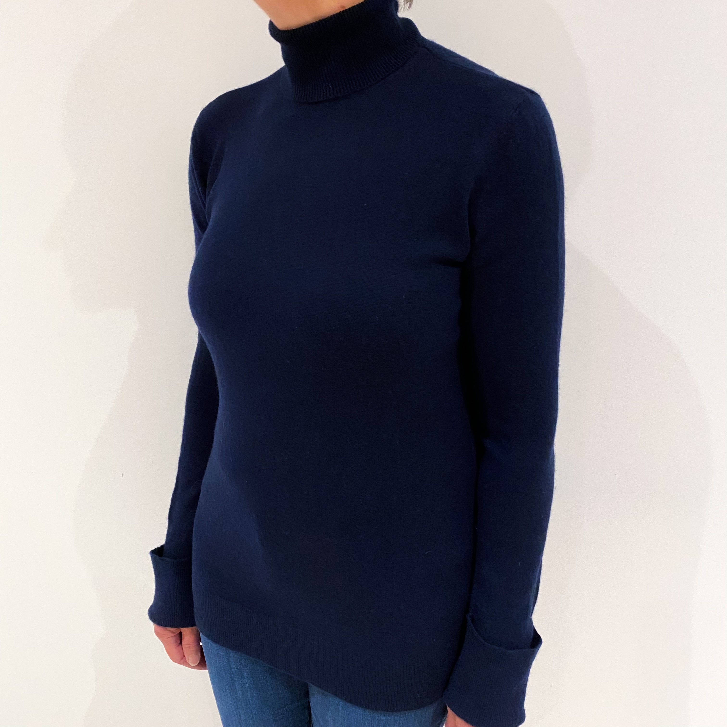 Navy Blue Cashmere Polo Neck Generous Fit  Jumper Medium