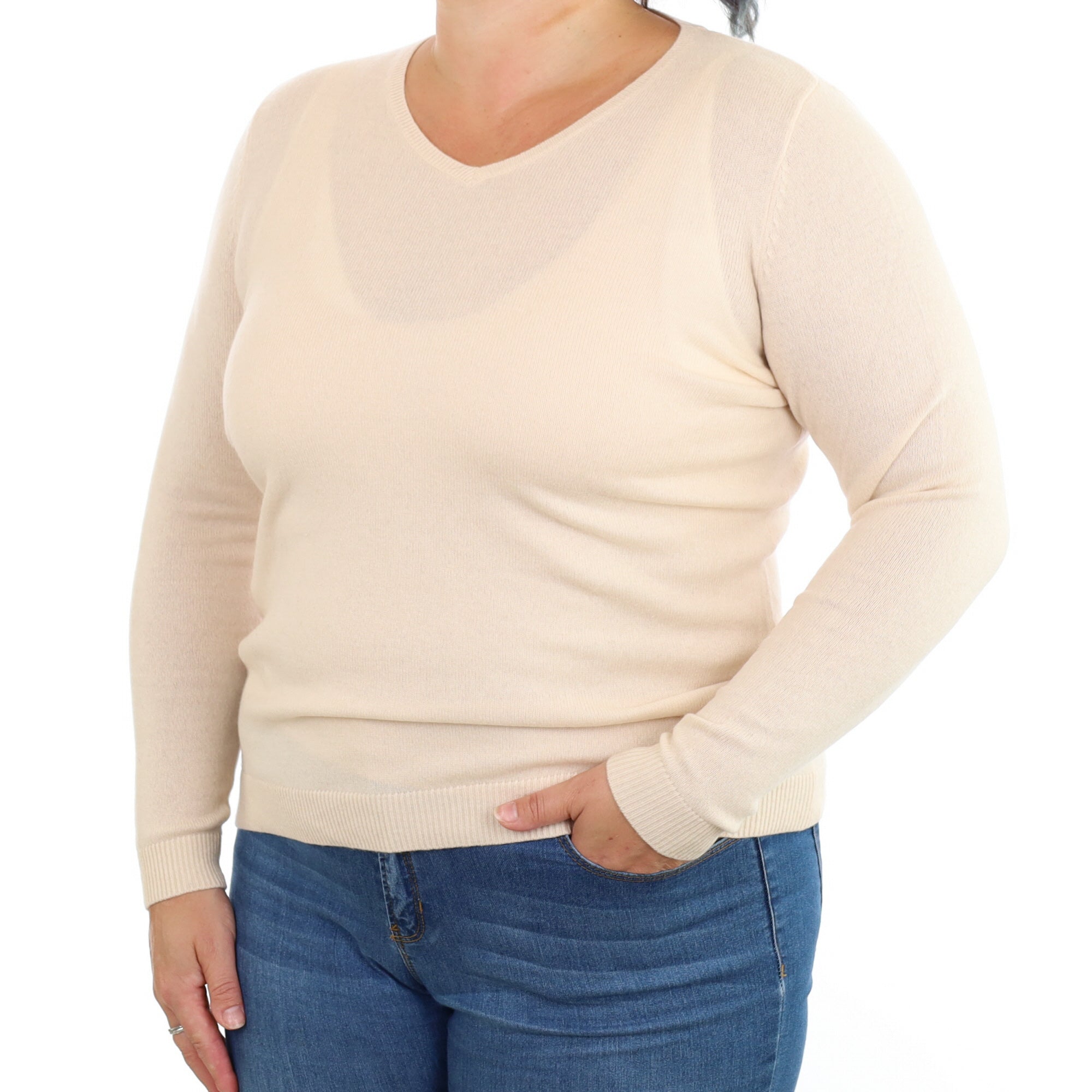 Light Beige Cashmere V Neck Jumper Large