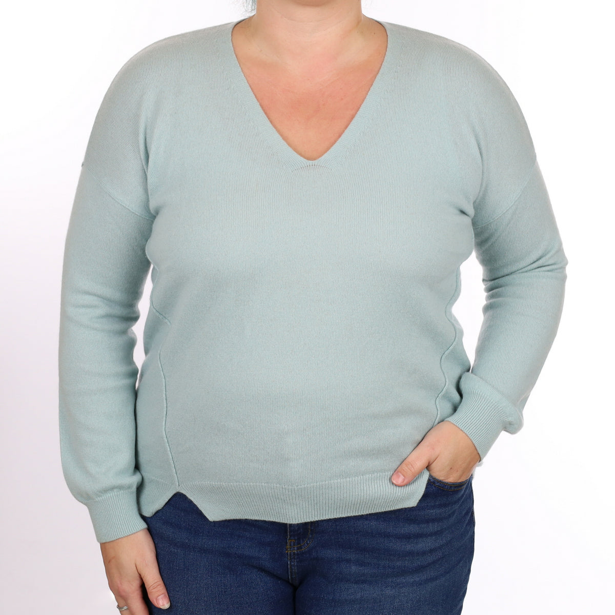 Dusky Mint Cashmere V Neck Jumper Large
