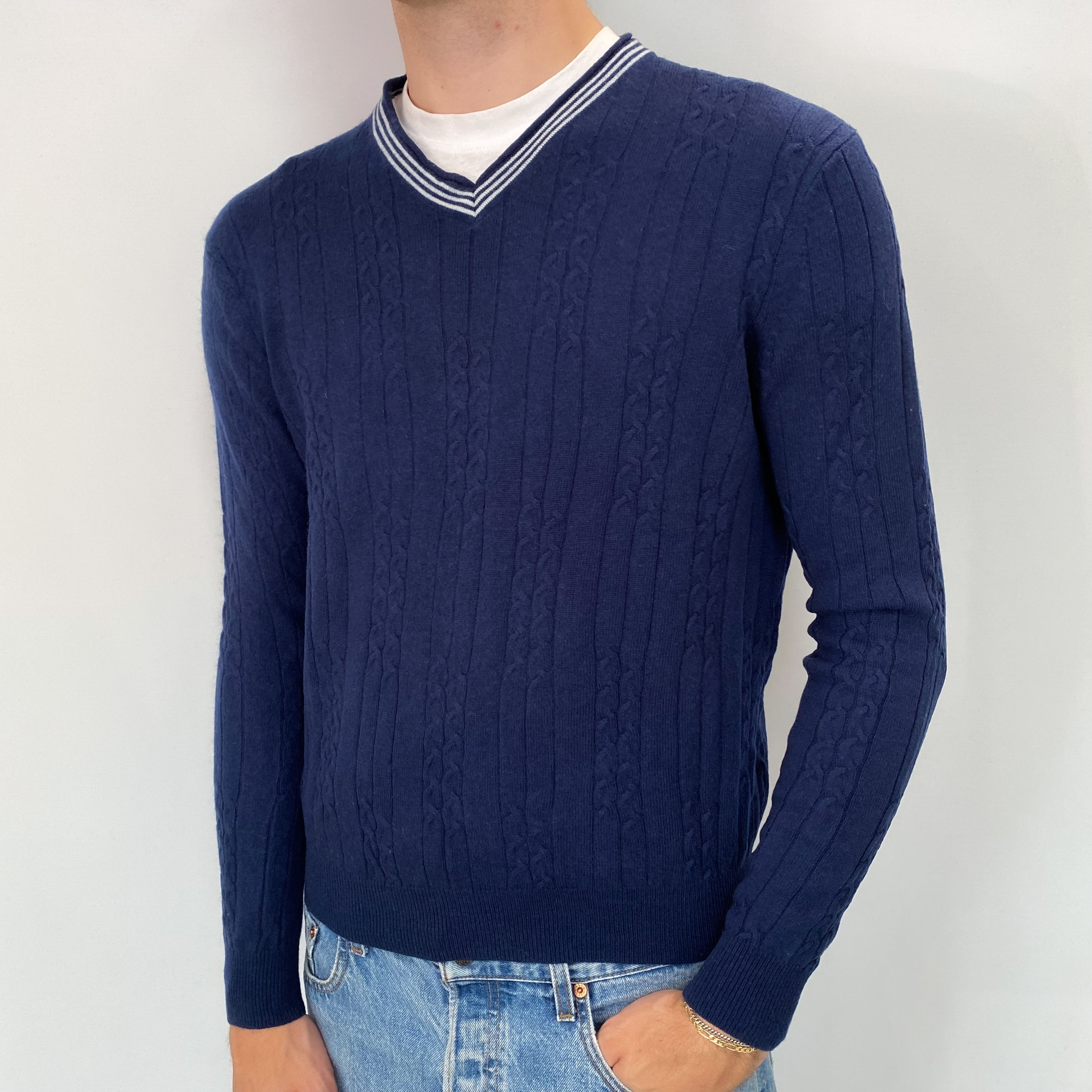 Men's Navy Cashmere V Neck Jumper Medium