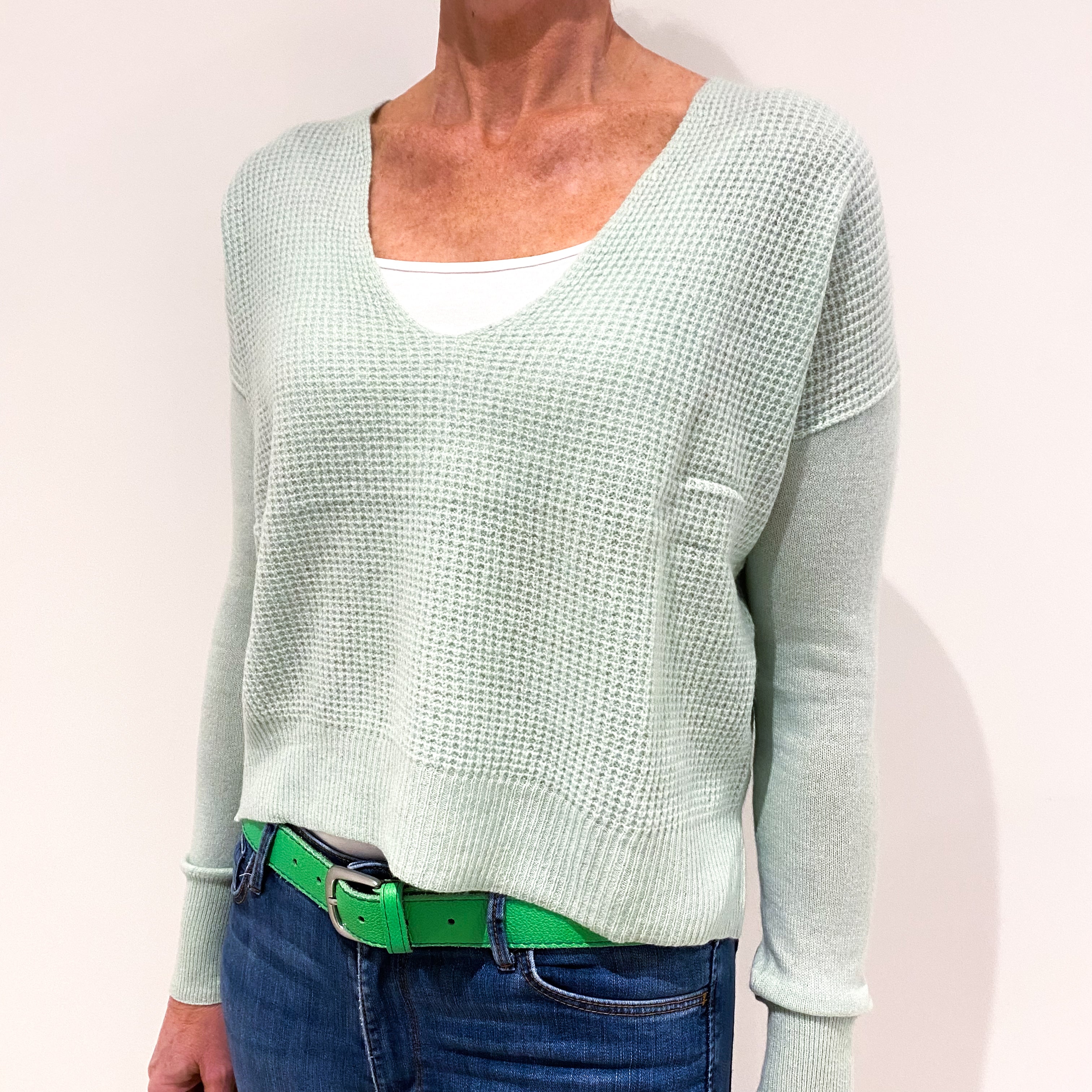 Mint Green Waffle Knit Cashmere V-Neck Jumper Small