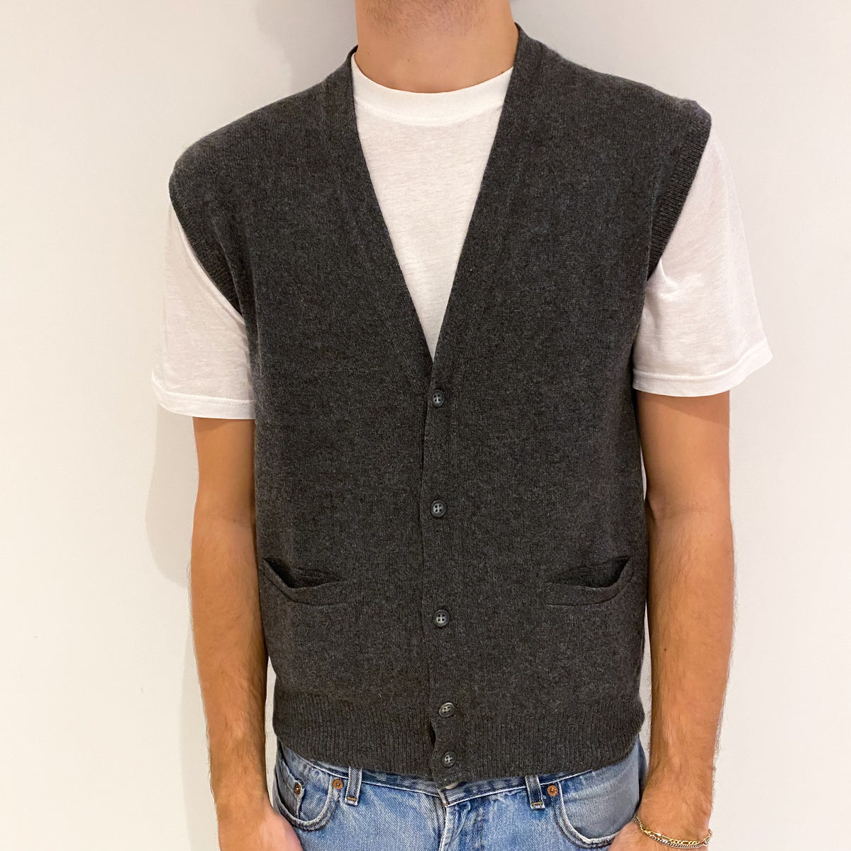 Men's Slate Grey Cashmere V Neck Gilet Large