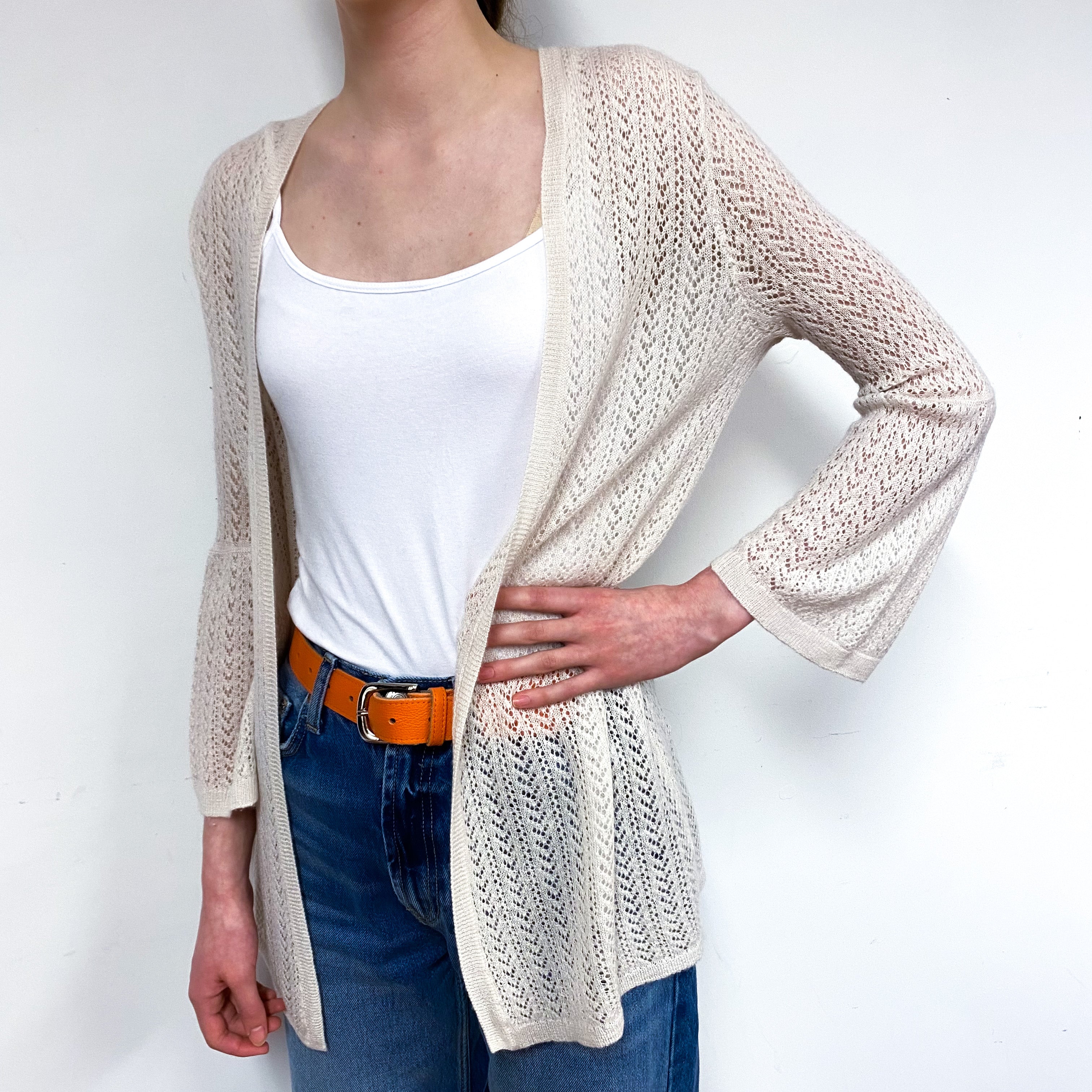 Ivory Cream Lace Knit Cashmere Edge to Edge Cardigan Extra Small