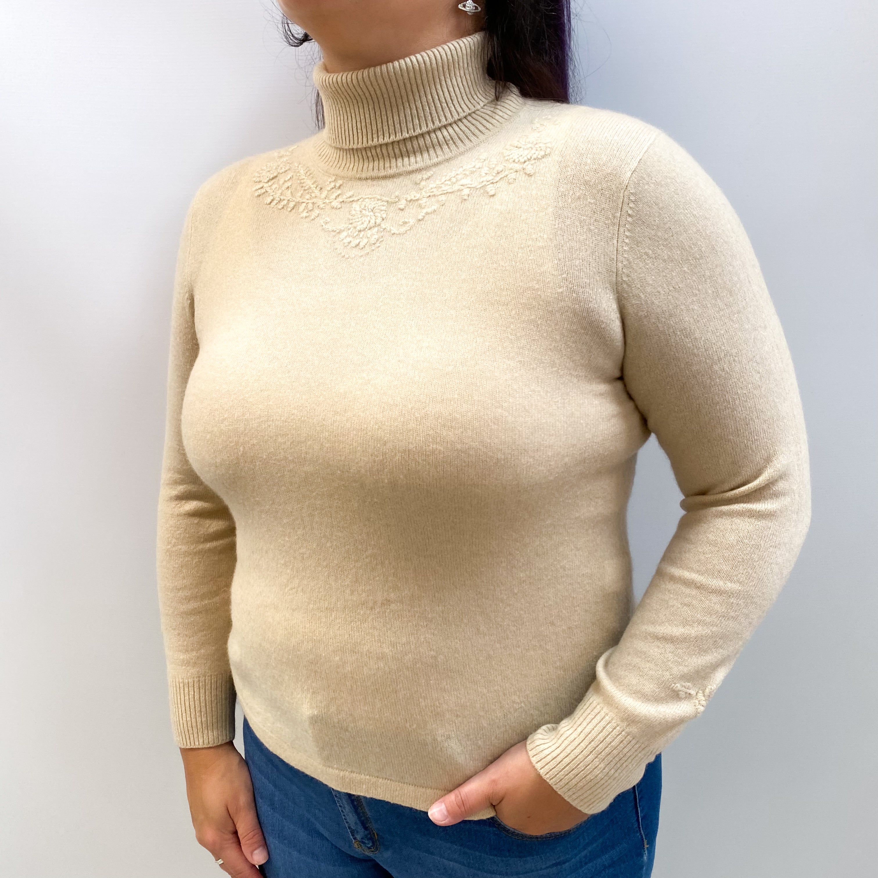 Sand Beige Embroidered Cashmere Polo Neck Jumper Large