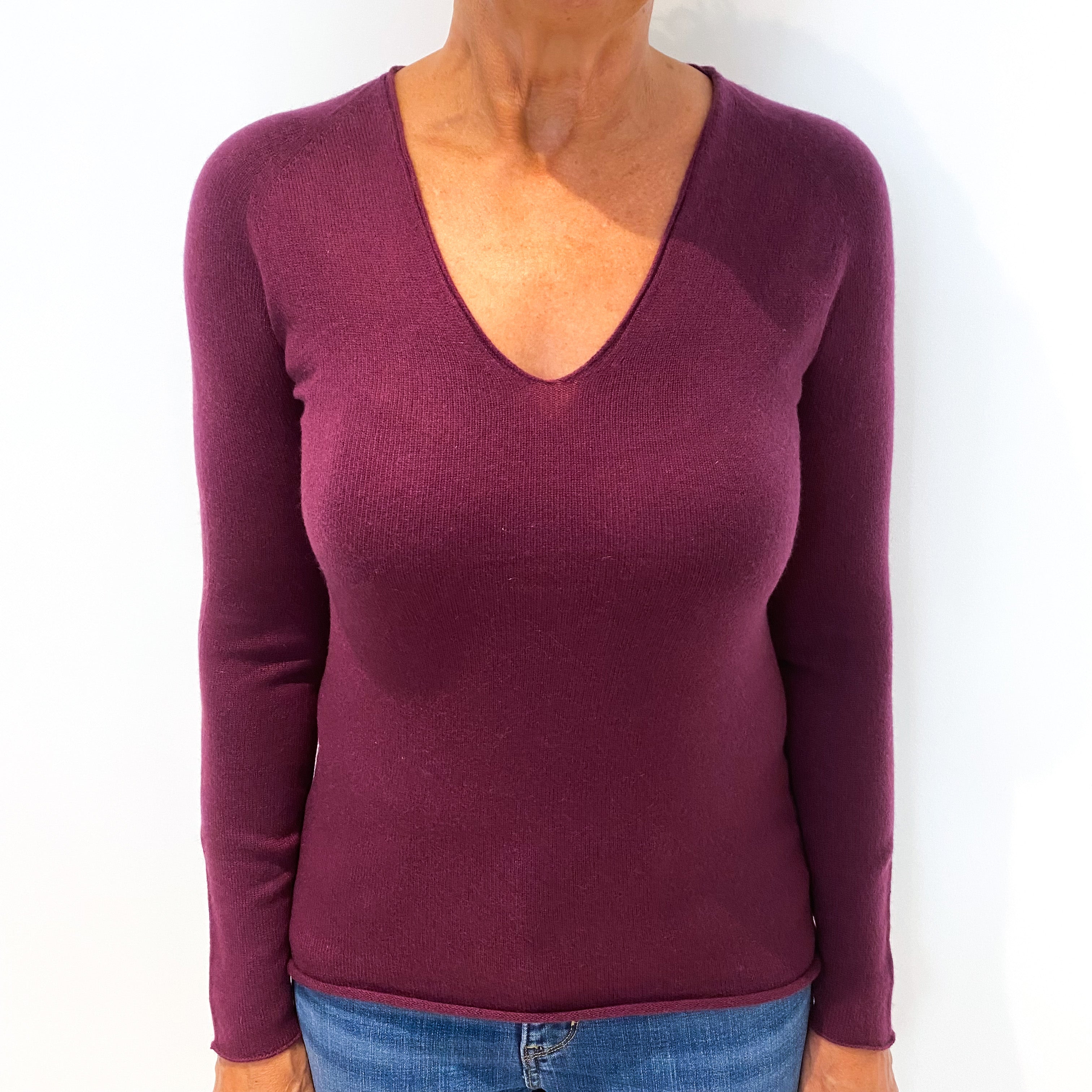 Plum Purple Cashmere V-Neck Jumper Medium