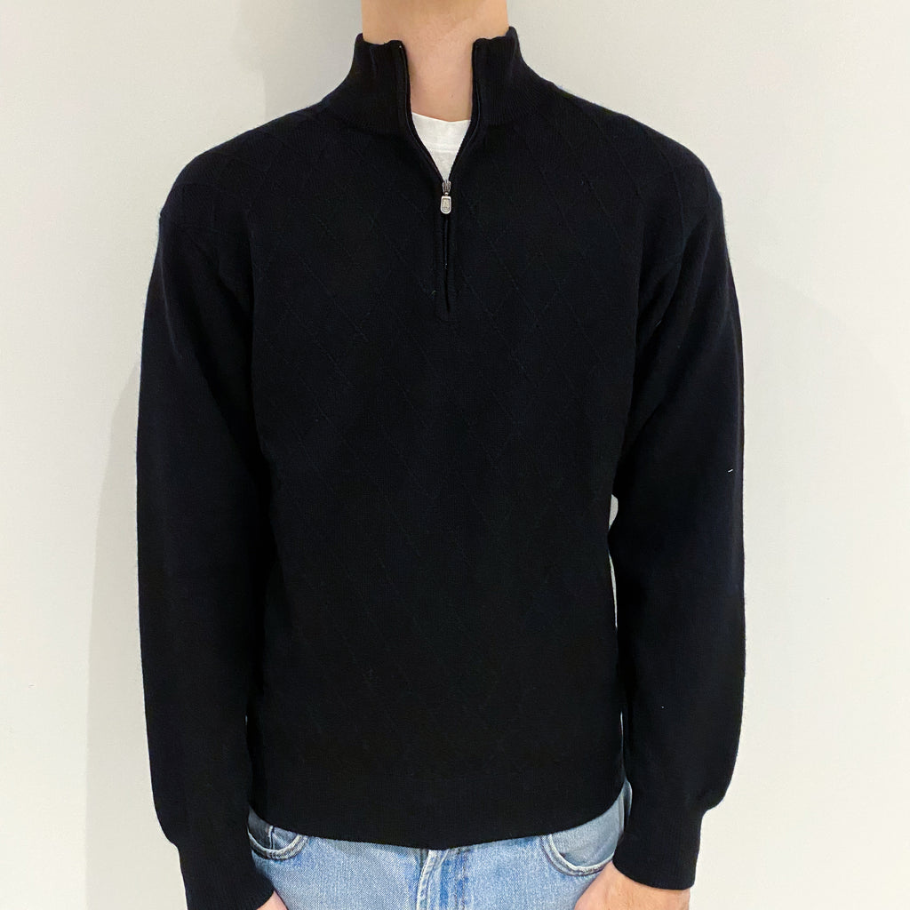 Men's Black Diamond Textured Cashmere 1/4 Zip Jumper Large