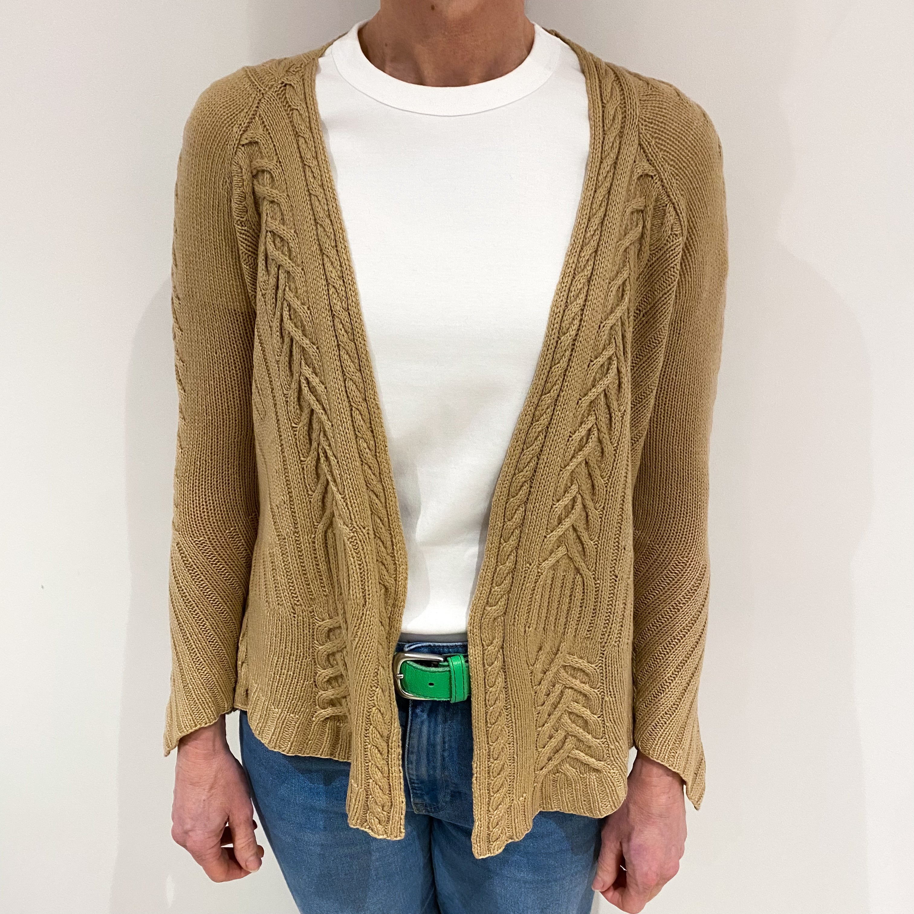 Camel Brown Cable Cashmere Edge to Edge Cardigan Small