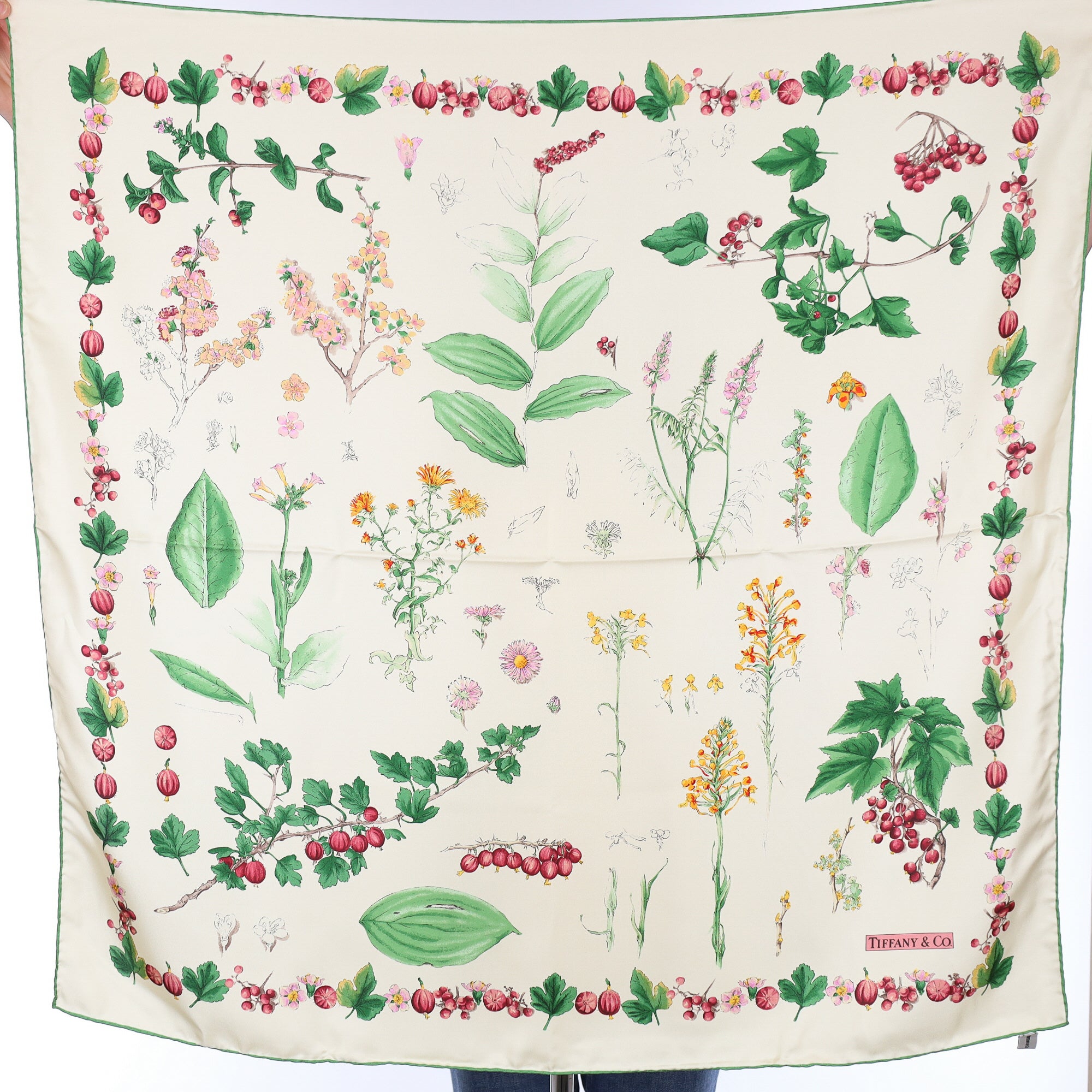 Brand New Boxed Tiffany & Co Cream Foliage Silk Scarf