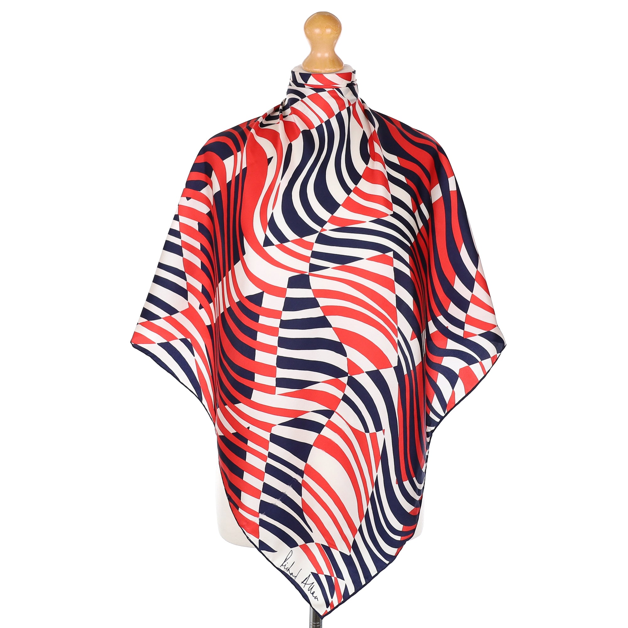 Richard Allan Abstract Navy and White Striped Vintage Silk Scarf